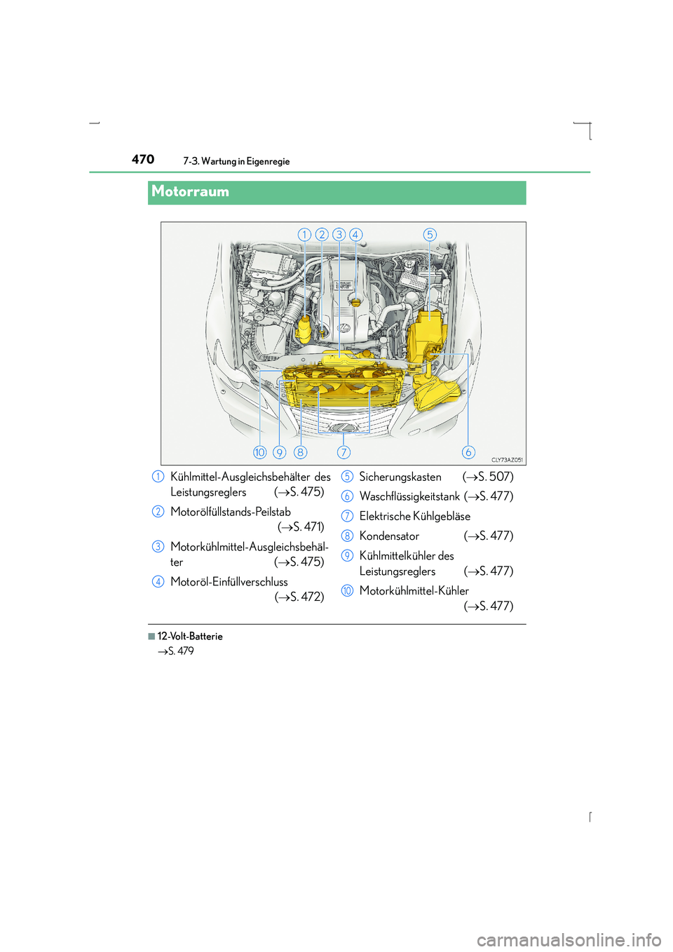Lexus IS300h 2015 Betriebsanleitung (in German) 4707-3. Wartung in Eigenregie
IS300h_EM(OM53D58M)
■12-Volt-Batterie
→S. 479
Motorraum
Kühlmittel-Ausgleichsbehälter des
Leistungsreglers ( →S. 475)
Motorölfüllstands-Peilstab (→ S. 471)
Mo Lexus IS300h 2015 Betriebsanleitung (in German) 4707-3. Wartung in Eigenregie
IS300h_EM(OM53D58M)
■12-Volt-Batterie
→S. 479
Motorraum
Kühlmittel-Ausgleichsbehälter des
Leistungsreglers ( →S. 475)
Motorölfüllstands-Peilstab (→ S. 471)
Mo