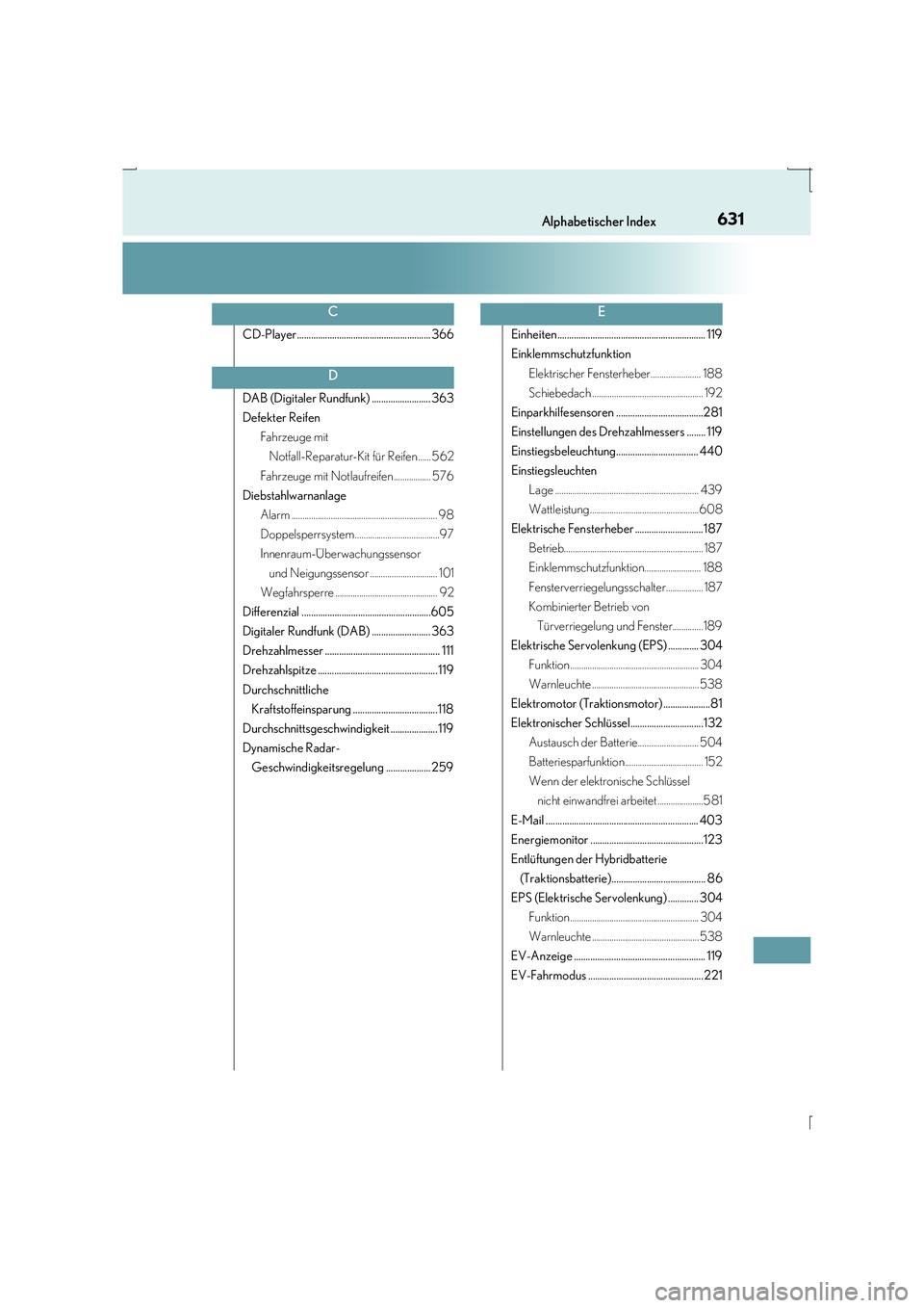 Lexus IS300h 2015  Betriebsanleitung (in German) 631Alphabetischer Index
IS300h_EM(OM53D58M)
CD-Player......................................................... 366
DAB (Digitaler Rundfunk) ......................... 363
Defekter ReifenFahrzeuge mit N