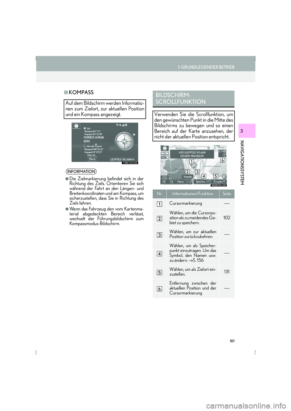 Lexus IS300h 2015  Navigationshandbuch (in German) 101
1. GRUNDLEGENDER BETRIEB
IS_Navi_EM
NAVIGATIONSSYSTEM
3
■KOMPASS
Auf dem Bildschirm werden Informatio-
nen zum Zielort, zur aktuellen Position
und ein Kompass angezeigt.
INFORMATION
●
Die Ziel