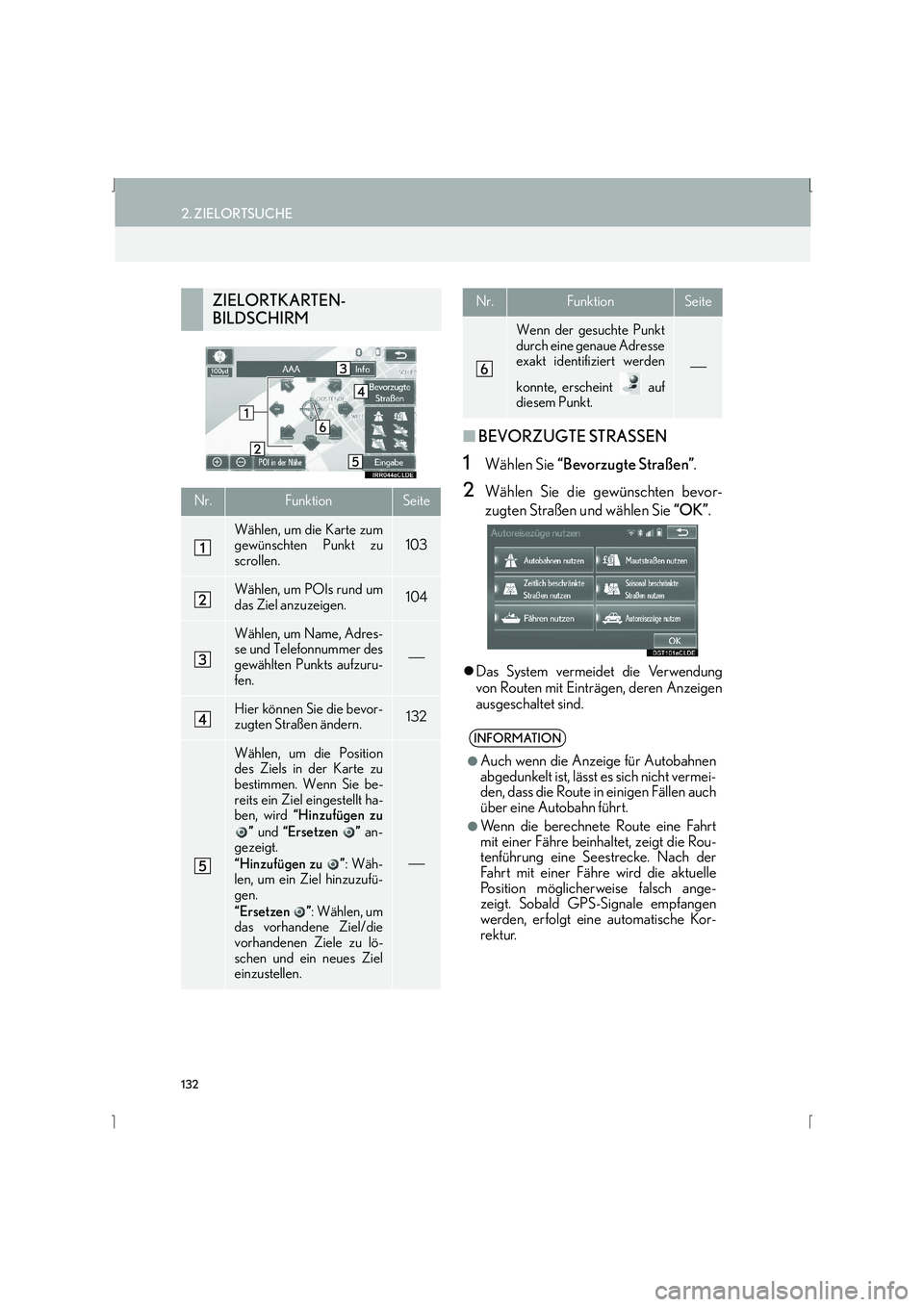 Lexus IS300h 2015  Navigationshandbuch (in German) 132
2. ZIELORTSUCHE
IS_Navi_EM
■BEVORZUGTE STRASSEN
1Wählen Sie  “Bevorzugte Straßen” .
2Wählen Sie die gewünschten bevor-
zugten Straßen und wählen Sie  “OK”.
�zDas System vermeidet d