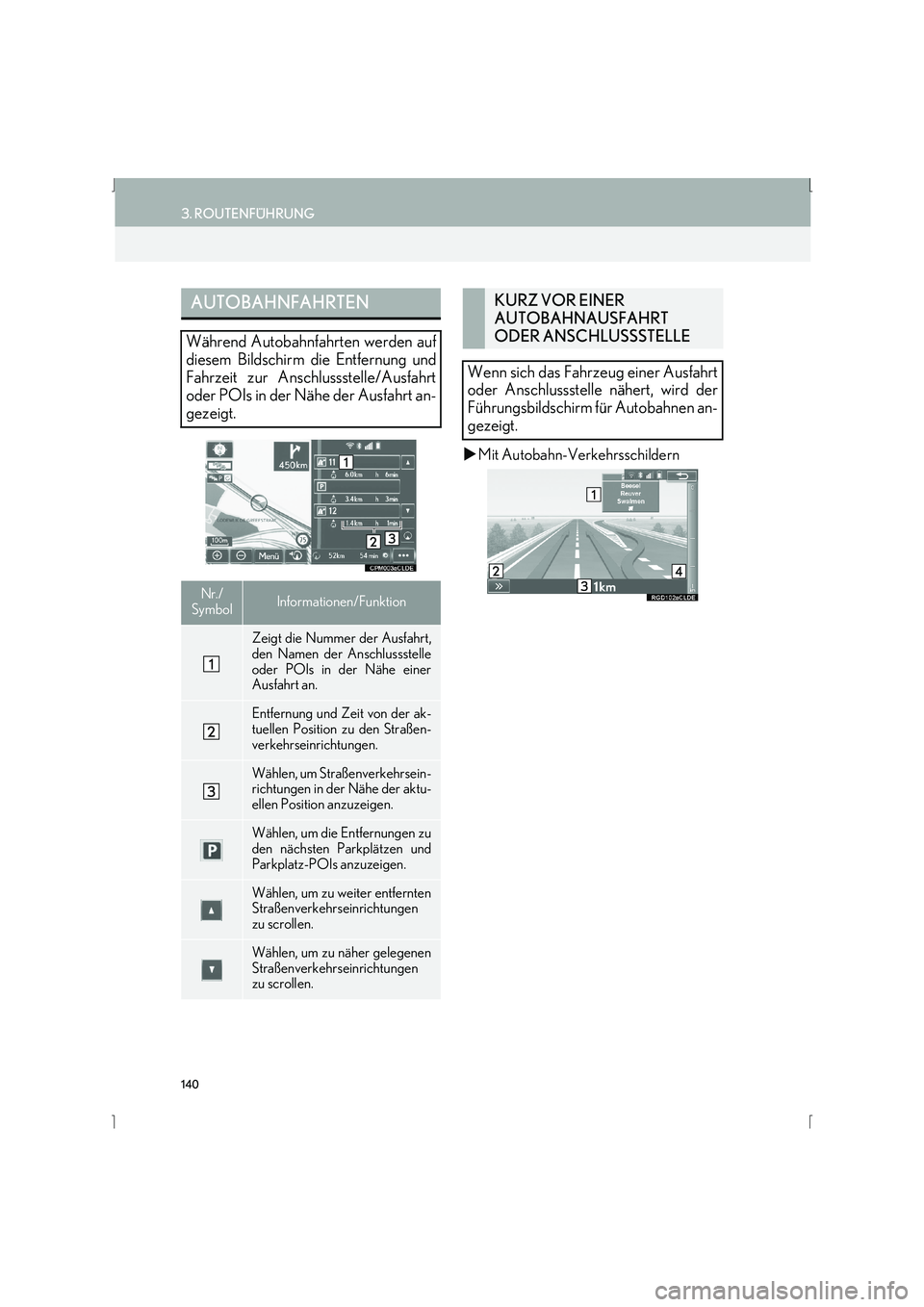 Lexus IS300h 2015  Navigationshandbuch (in German) 140
3. ROUTENFÜHRUNG
IS_Navi_EM
�XMit Autobahn-Verkehrsschildern
AUTOBAHNFAHRTEN
Während Autobahnfahrten werden auf
diesem Bildschirm die Entfernung und
Fahrzeit zur Anschlussstelle/Ausfahrt
oder PO