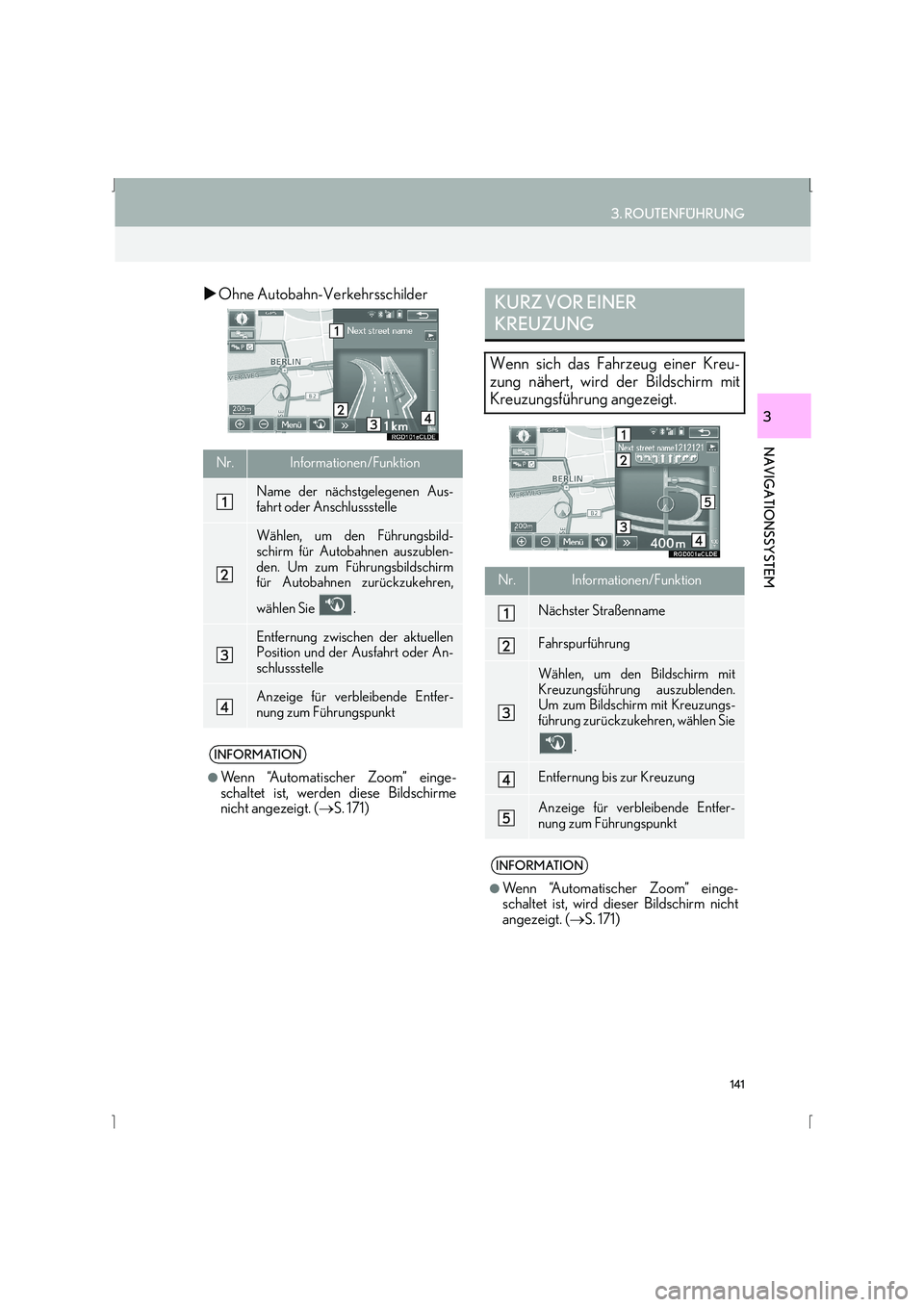 Lexus IS300h 2015  Navigationshandbuch (in German) 141
3. ROUTENFÜHRUNG
IS_Navi_EM
NAVIGATIONSSYSTEM
3
�XOhne Autobahn-Verkehrsschilder
Nr.Informationen/Funktion
Name der nächstgelegenen Aus-
fahrt oder Anschlussstelle
Wählen, um den Führungsbild-