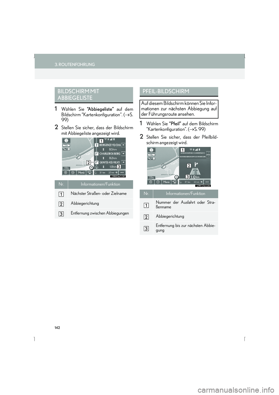 Lexus IS300h 2015  Navigationshandbuch (in German) 142
3. ROUTENFÜHRUNG
IS_Navi_EM
1Wählen Sie “Abbiegeliste”  auf dem
Bildschirm “Kartenkonfiguration”. ( →S.
99)
2Stellen Sie sicher, dass der Bildschirm
mit Abbiegeliste angezeigt wird.1W