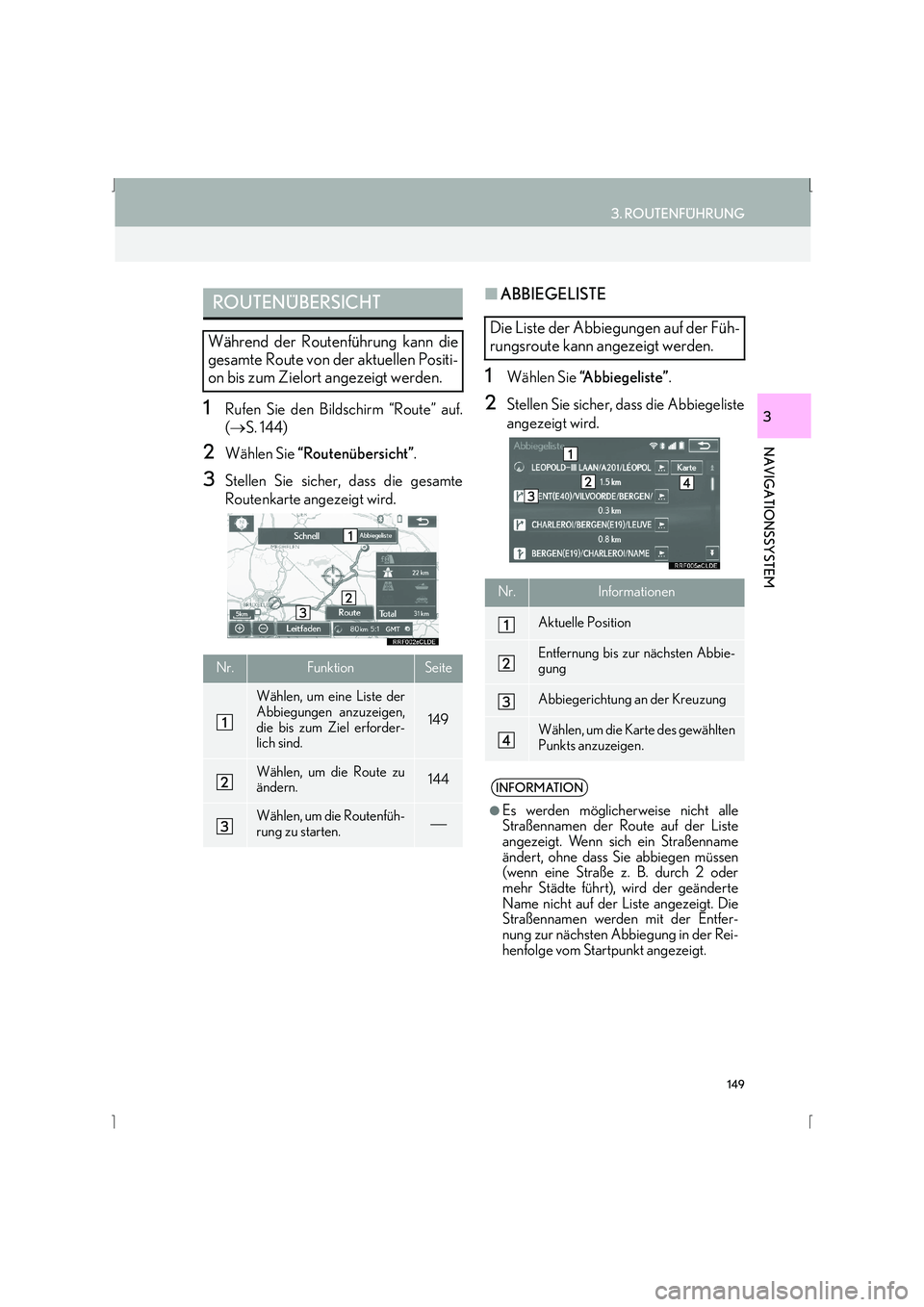 Lexus IS300h 2015  Navigationshandbuch (in German) 149
3. ROUTENFÜHRUNG
IS_Navi_EM
NAVIGATIONSSYSTEM
31Rufen Sie den Bildschirm “Route” auf.
(→ S. 144)
2Wählen Sie  “Routenübersicht” .
3Stellen Sie sicher, dass die gesamte
Routenkarte ang