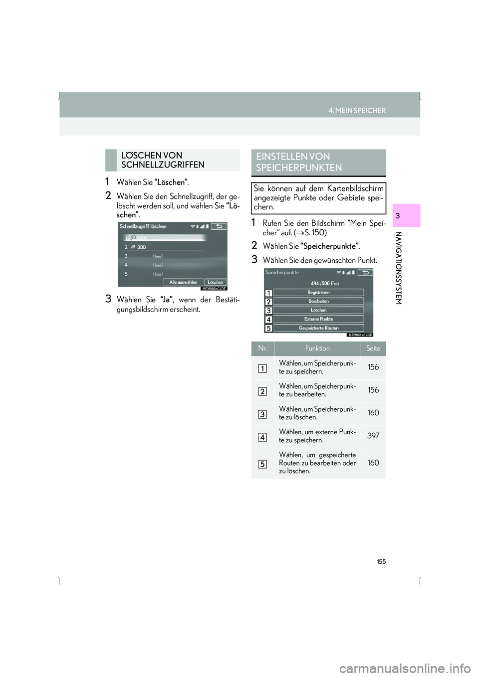 Lexus IS300h 2015 Navigationshandbuch (in German) 155
4. MEIN SPEICHER
IS_Navi_EM
NAVIGATIONSSYSTEM
3
1Wählen Sie “Löschen”.
2Wählen Sie den Schnellzugriff, der ge-
löscht werden soll, und wählen Sie “Lö-
schen” .
3Wählen Sie “J a Lexus IS300h 2015 Navigationshandbuch (in German) 155
4. MEIN SPEICHER
IS_Navi_EM
NAVIGATIONSSYSTEM
3
1Wählen Sie “Löschen”.
2Wählen Sie den Schnellzugriff, der ge-
löscht werden soll, und wählen Sie “Lö-
schen” .
3Wählen Sie “J a