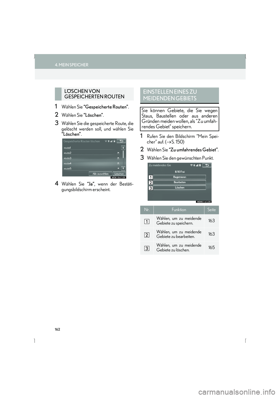 Lexus IS300h 2015 Navigationshandbuch (in German) 162
4. MEIN SPEICHER
IS_Navi_EM
1Wählen Sie “Gespeicherte Routen” .
2Wählen Sie “Löschen”.
3Wählen Sie die gespeicherte Route, die
gelöscht werden soll, und wählen Sie
“Löschen”.
4W Lexus IS300h 2015 Navigationshandbuch (in German) 162
4. MEIN SPEICHER
IS_Navi_EM
1Wählen Sie “Gespeicherte Routen” .
2Wählen Sie “Löschen”.
3Wählen Sie die gespeicherte Route, die
gelöscht werden soll, und wählen Sie
“Löschen”.
4W