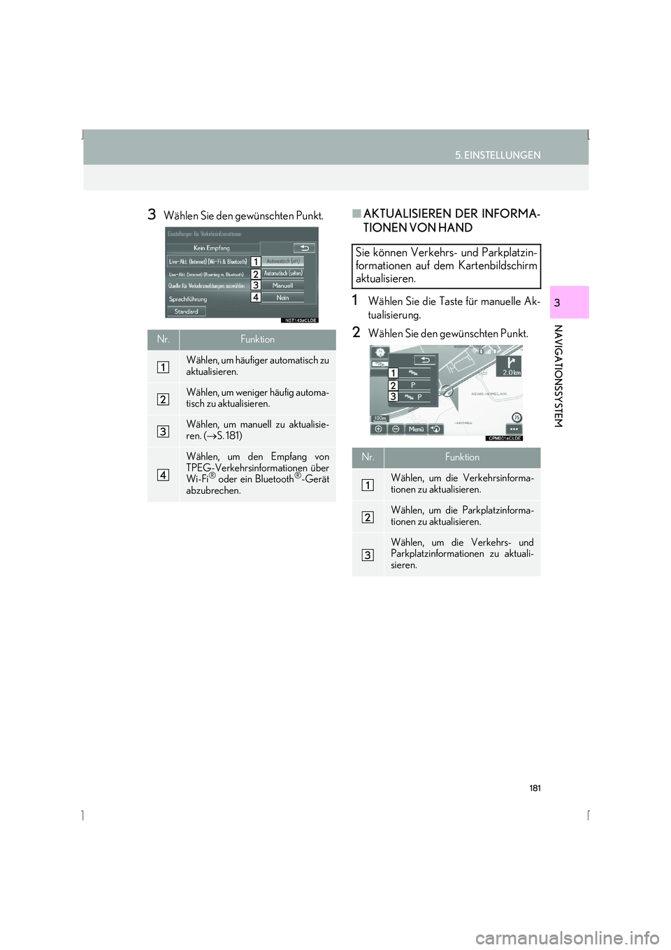 Lexus IS300h 2015 Navigationshandbuch (in German) 181
5. EINSTELLUNGEN
IS_Navi_EM
NAVIGATIONSSYSTEM
3
3Wählen Sie den gewünschten Punkt.■AKTUALISIEREN DER INFORMA-
TIONEN VON HAND
1Wählen Sie die Taste für manuelle Ak-
tualisierung.
2Wählen Si Lexus IS300h 2015 Navigationshandbuch (in German) 181
5. EINSTELLUNGEN
IS_Navi_EM
NAVIGATIONSSYSTEM
3
3Wählen Sie den gewünschten Punkt.■AKTUALISIEREN DER INFORMA-
TIONEN VON HAND
1Wählen Sie die Taste für manuelle Ak-
tualisierung.
2Wählen Si