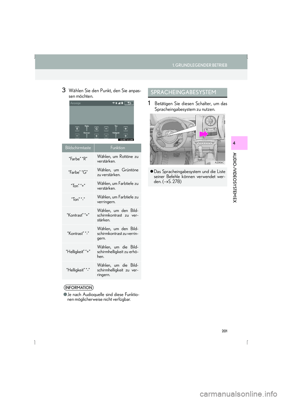 Lexus IS300h 2015  Navigationshandbuch (in German) 201
1. GRUNDLEGENDER BETRIEB
AUDIO-/VIDEOSYSTEM EX
IS_Navi_EM
4
3Wählen Sie den Punkt, den Sie anpas-
sen möchten.
1Betätigen Sie diesen Schalter, um das
Spracheingabesystem zu nutzen.
Bildschirmta