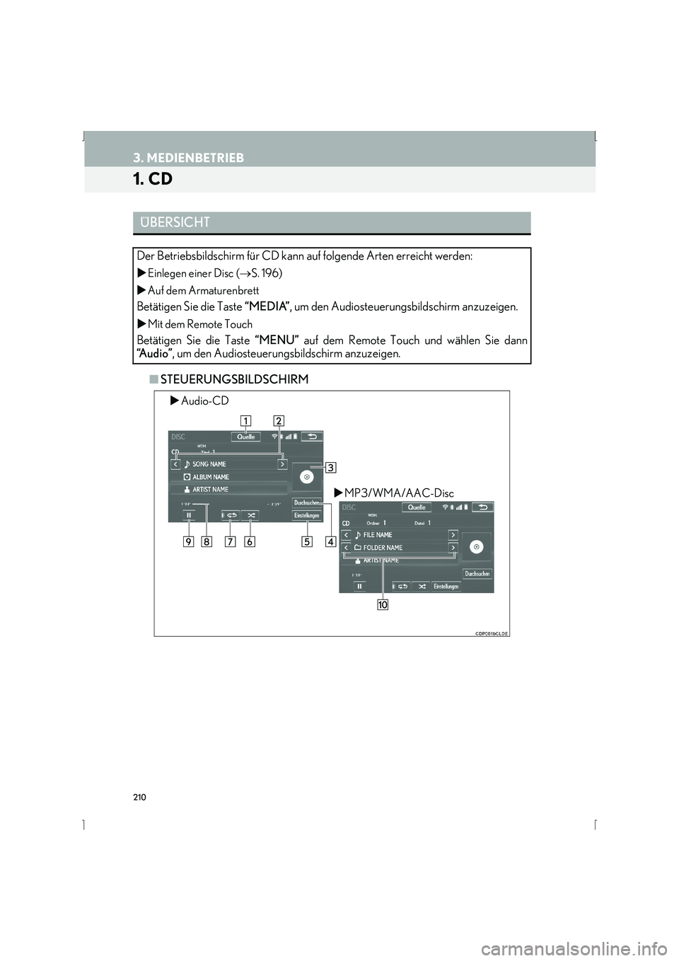 Lexus IS300h 2015  Navigationshandbuch (in German) 210
IS_Navi_EM
3. MEDIENBETRIEB
1. CD
■STEUERUNGSBILDSCHIRM
ÜBERSICHT
Der Betriebsbildschirm für CD kann au f folgende Arten erreicht werden:
�XEinlegen einer Disc ( →S. 196)
�X Auf dem Armature
