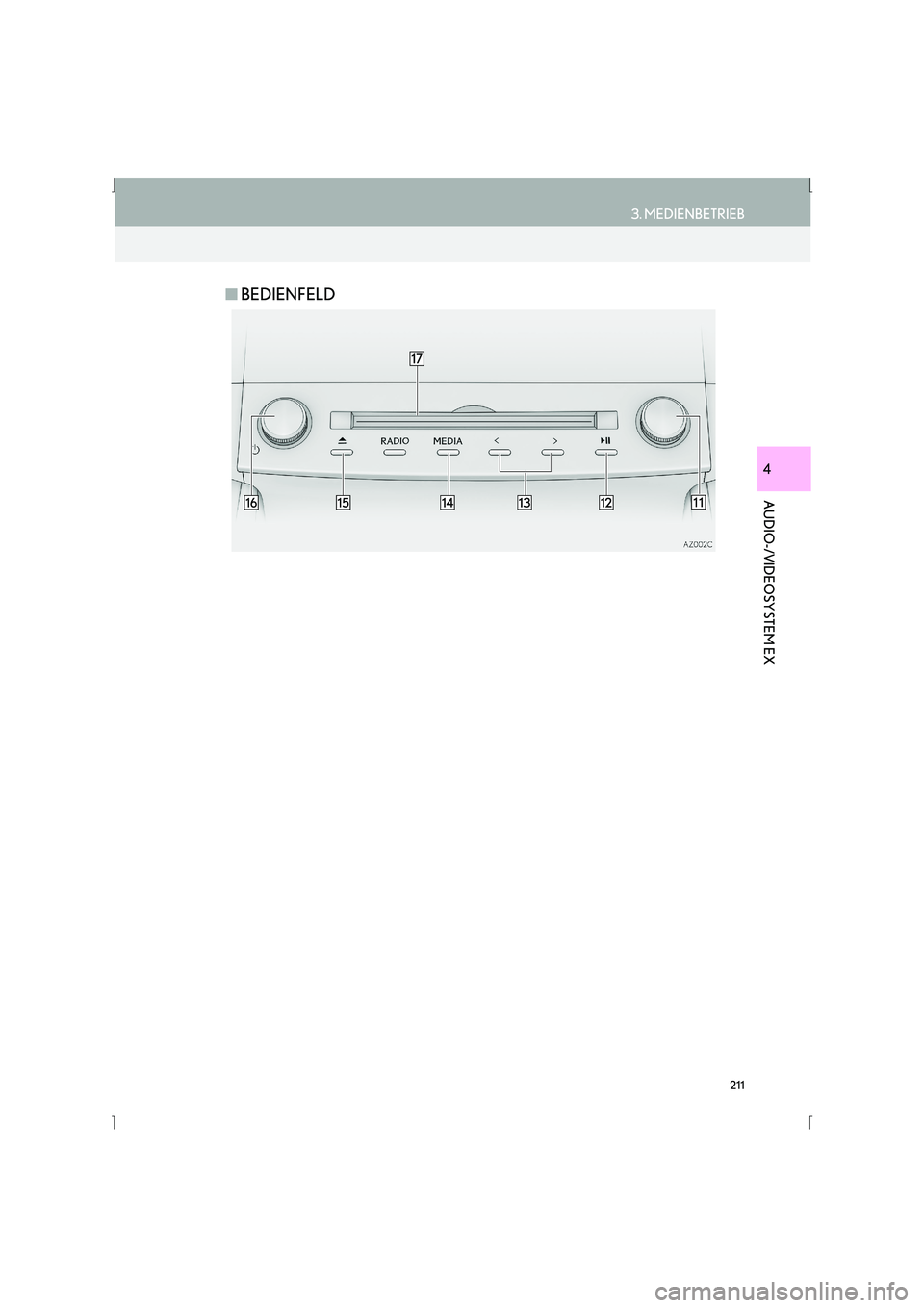 Lexus IS300h 2015  Navigationshandbuch (in German) 211
3. MEDIENBETRIEB
IS_Navi_EM
AUDIO-/VIDEOSYSTEM EX
4
■BEDIENFELD 