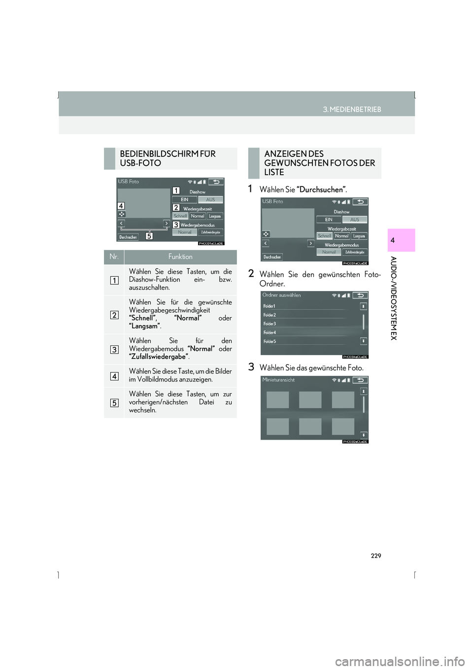 Lexus IS300h 2015  Navigationshandbuch (in German) 229
3. MEDIENBETRIEB
IS_Navi_EM
AUDIO-/VIDEOSYSTEM EX
4
1Wählen Sie “Durchsuchen” .
2Wählen Sie den gewünschten Foto-
Ordner.
3Wählen Sie das gewünschte Foto.
BEDIENBILDSCHIRM FÜR 
USB-FOTO
