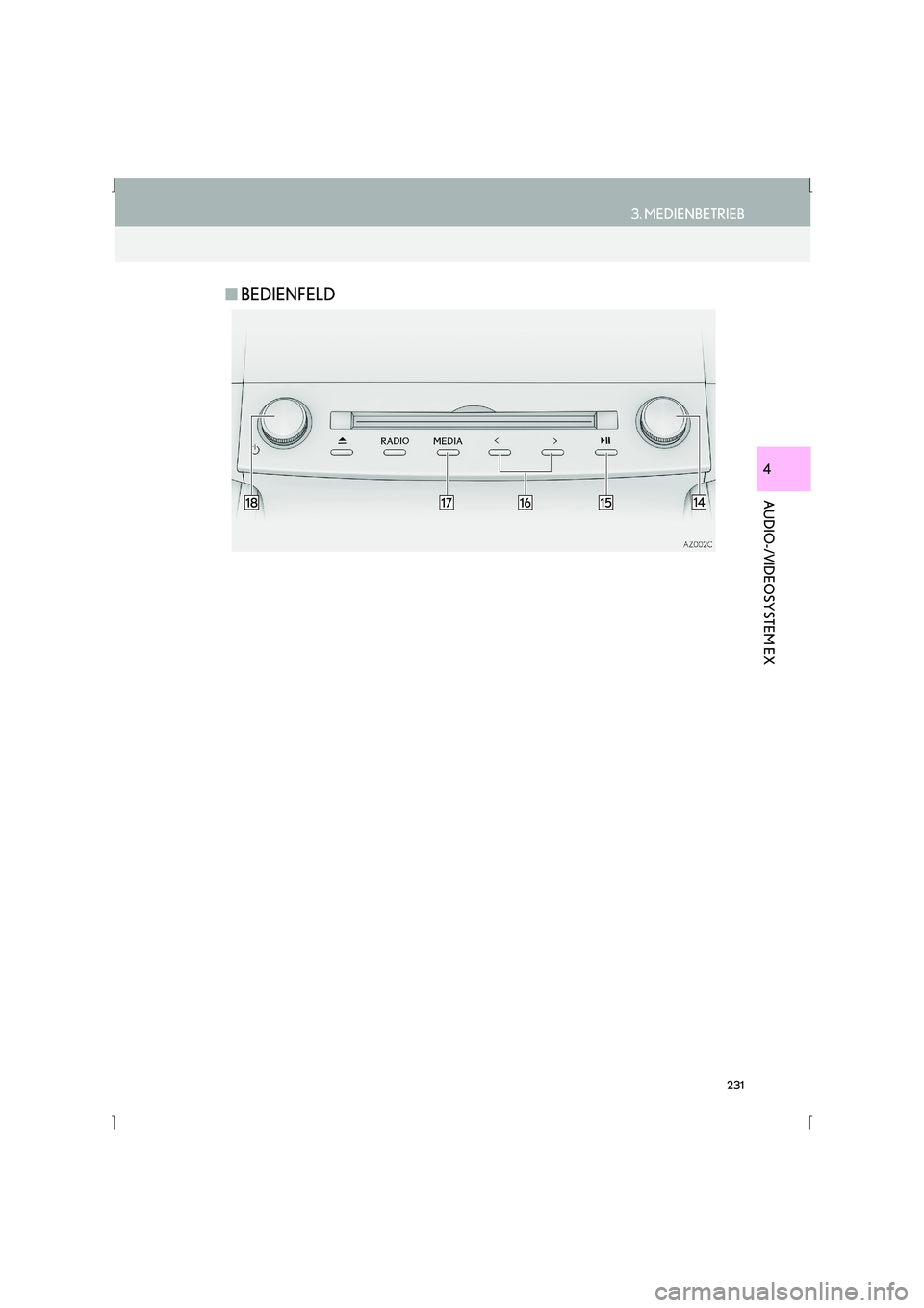 Lexus IS300h 2015 Navigationshandbuch (in German) 231
3. MEDIENBETRIEB
IS_Navi_EM
AUDIO-/VIDEOSYSTEM EX
4
■BEDIENFELD Lexus IS300h 2015 Navigationshandbuch (in German) 231
3. MEDIENBETRIEB
IS_Navi_EM
AUDIO-/VIDEOSYSTEM EX
4
■BEDIENFELD