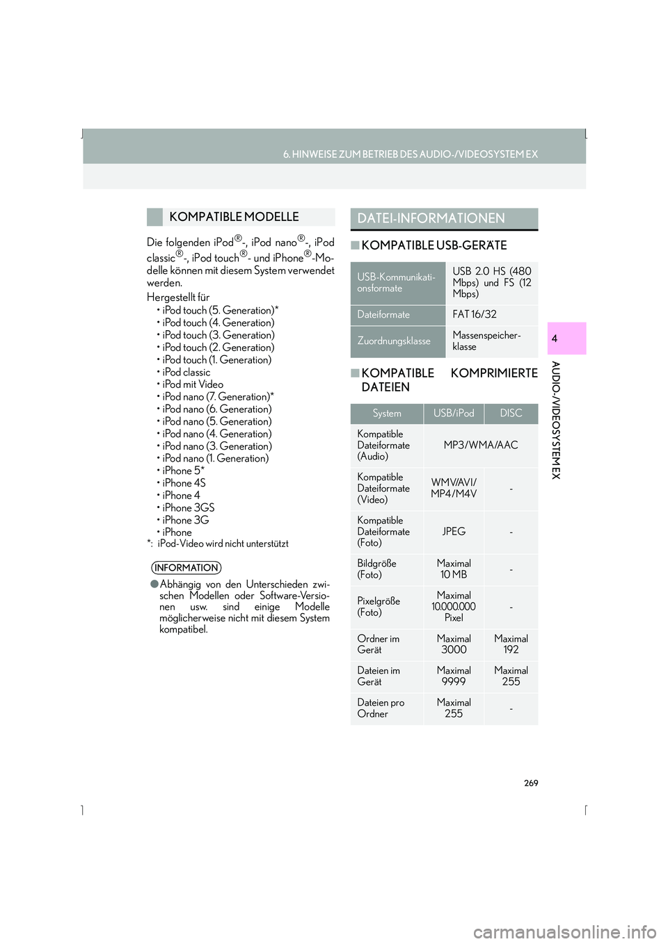 Lexus IS300h 2015  Navigationshandbuch (in German) 269
6. HINWEISE ZUM BETRIEB DES AUDIO-/VIDEOSYSTEM EX
IS_Navi_EM
AUDIO-/VIDEOSYSTEM EX
4
Die folgenden iPod®-, iPod nano®-, iPod
classic®-, iPod touch®- und iPhone®-Mo-
delle können mit diesem S