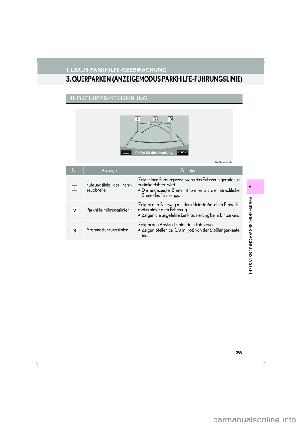 Lexus IS300h 2015  Navigationshandbuch (in German) 299
1. LEXUS PARKHILFE-ÜBERWACHUNG
IS_Navi_EM
PERIPHERIEÜBERWACHUNGSSYSTEM
6
3. QUERPARKEN (ANZEIGEMODUS PARKHILFE-FÜHRUNGSLINIE)
BILDSCHIRMBESCHREIBUNG
Nr.AnzeigeFunktion
Führungslinie der Fahr-
