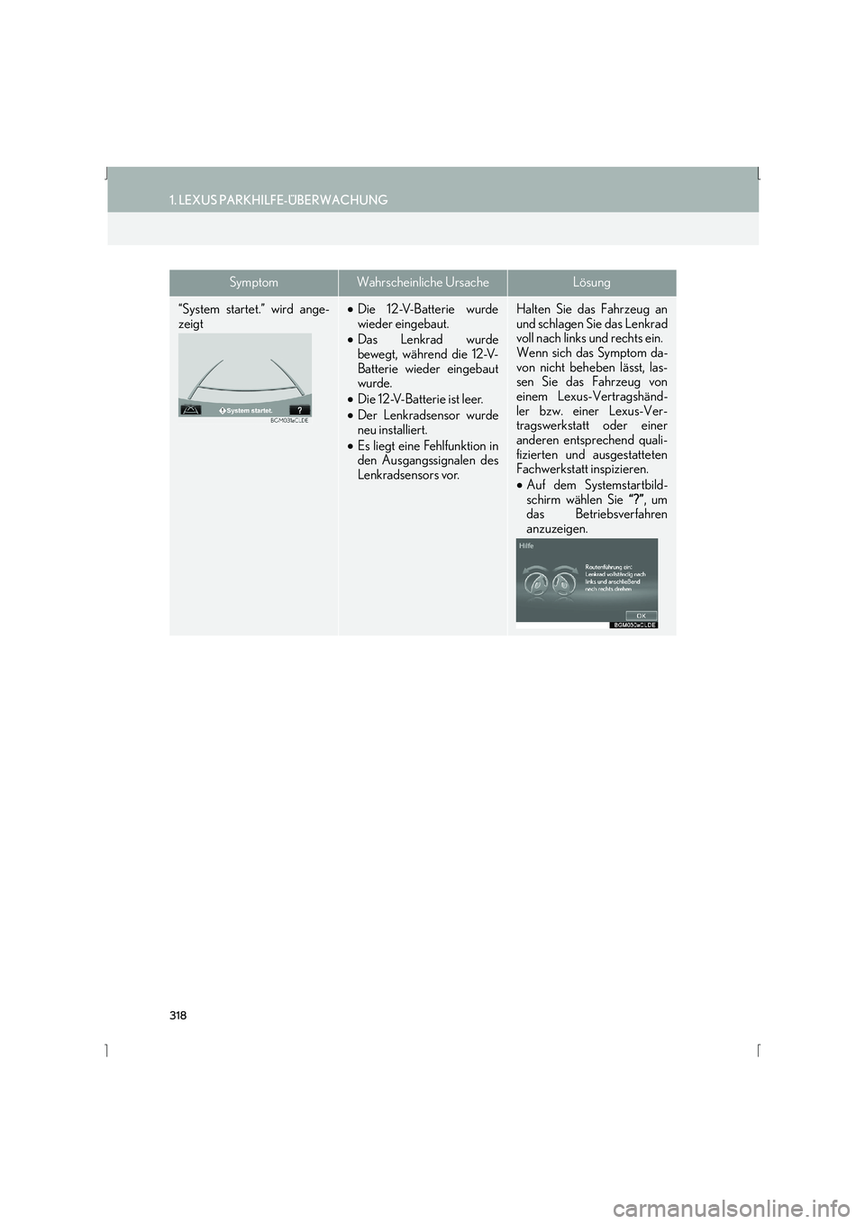 Lexus IS300h 2015  Navigationshandbuch (in German) 318
1. LEXUS PARKHILFE-ÜBERWACHUNG
IS_Navi_EM
“System startet.” wird ange-
zeigt•Die 12-V-Batterie wurde
wieder eingebaut.
• Das Lenkrad wurde
bewegt, während die 12-V-
Batterie wieder einge