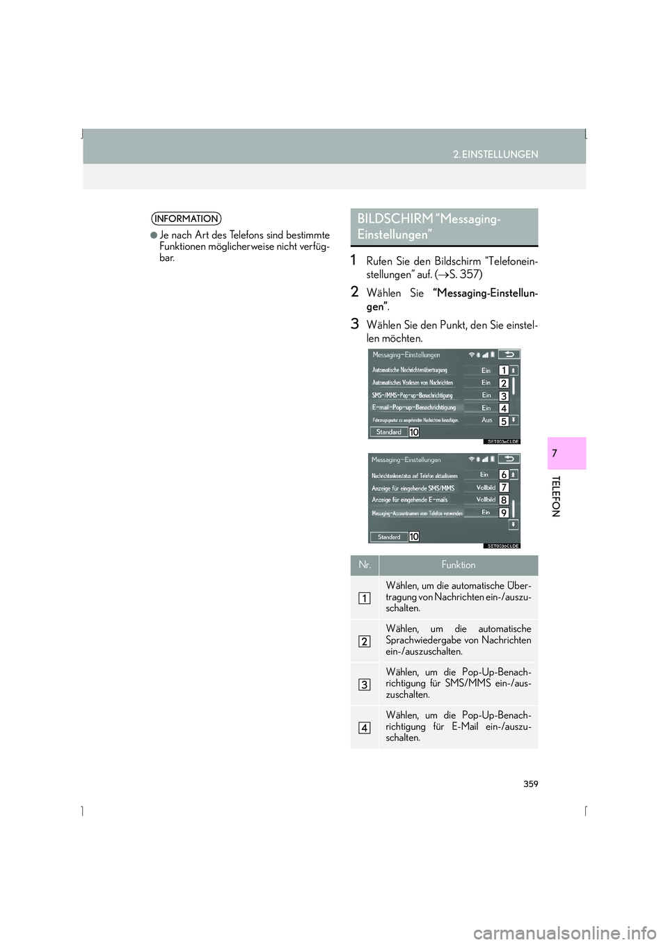 Lexus IS300h 2015 Navigationshandbuch (in German) 359
2. EINSTELLUNGEN
IS_Navi_EM
TELEFON
7
1Rufen Sie den Bildschirm “Telefonein-
stellungen” auf. (→S. 357)
2Wählen Sie “Messaging-Einstellun-
gen” .
3Wählen Sie den Punkt, den Sie einste Lexus IS300h 2015 Navigationshandbuch (in German) 359
2. EINSTELLUNGEN
IS_Navi_EM
TELEFON
7
1Rufen Sie den Bildschirm “Telefonein-
stellungen” auf. (→S. 357)
2Wählen Sie “Messaging-Einstellun-
gen” .
3Wählen Sie den Punkt, den Sie einste