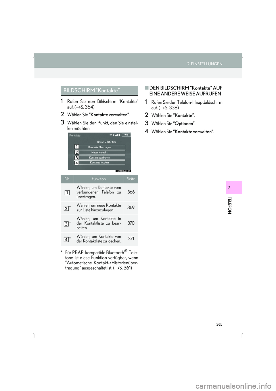 Lexus IS300h 2015  Navigationshandbuch (in German) 365
2. EINSTELLUNGEN
IS_Navi_EM
TELEFON
7
1Rufen Sie den Bildschirm “Kontakte”
auf. (→S. 364)
2Wählen Sie  “Kontakte verwalten” .
3Wählen Sie den Punkt, den Sie einstel-
len möchten.
*: F