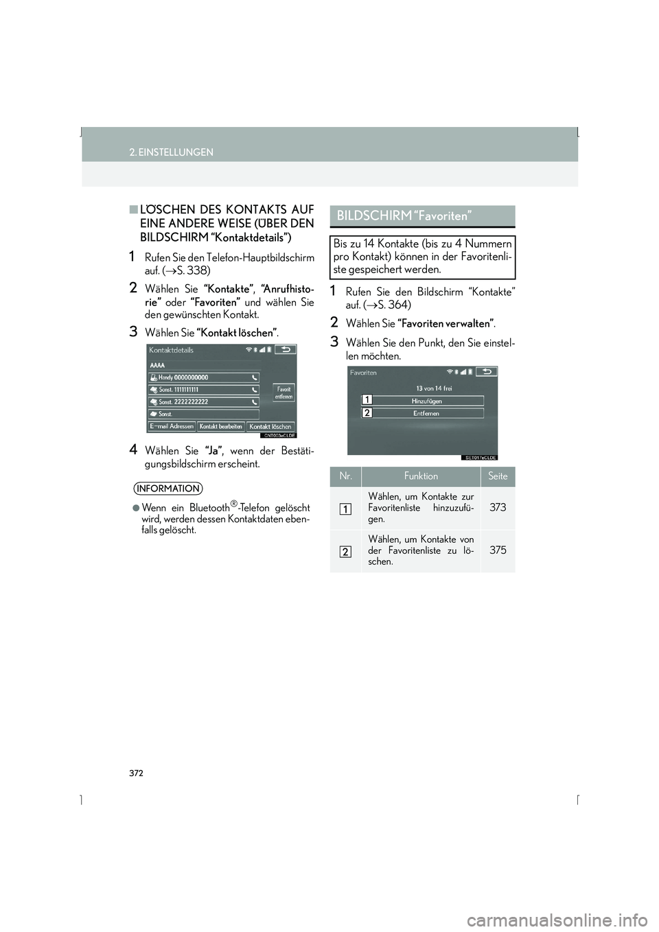 Lexus IS300h 2015  Navigationshandbuch (in German) 372
2. EINSTELLUNGEN
IS_Navi_EM
■LÖSCHEN DES KONTAKTS AUF
EINE ANDERE WEISE (ÜBER DEN
BILDSCHIRM “Kontaktdetails”)
1Rufen Sie den Telefon-Hauptbildschirm
auf. ( →S. 338)
2Wählen Sie  “Kon