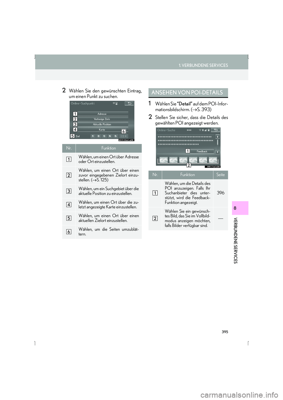 Lexus IS300h 2015  Navigationshandbuch (in German) 395
1. VERBUNDENE SERVICES
IS_Navi_EM
VERBUNDENE SERVICES
8
2Wählen Sie den gewünschten Eintrag,
um einen Punkt zu suchen.
1Wählen Sie “Detail” auf dem POI-Infor-
mationsbildschirm. ( →S. 393