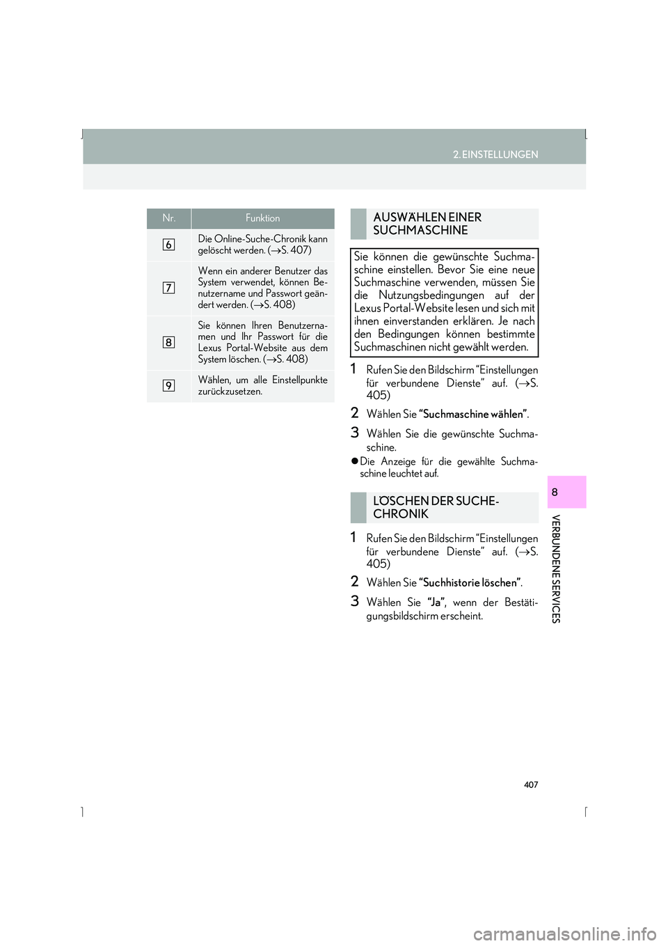Lexus IS300h 2015  Navigationshandbuch (in German) 407
2. EINSTELLUNGEN
IS_Navi_EM
VERBUNDENE SERVICES
8
1Rufen Sie den Bildschirm “Einstellungen
für verbundene Dienste” auf. (→S.
405)
2Wählen Sie  “Suchmaschine wählen” .
3Wählen Sie die