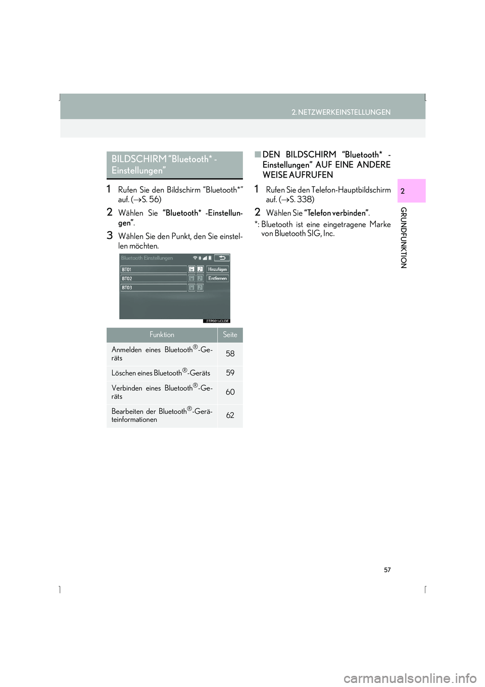 Lexus IS300h 2015  Navigationshandbuch (in German) 57
2. NETZWERKEINSTELLUNGEN
IS_Navi_EM
GRUNDFUNKTION
21Rufen Sie den Bildschirm “Bluetooth*”
auf. (→S. 56)
2Wählen Sie  “Bluetooth* -Einstellun-
gen” .
3Wählen Sie den Punkt, den Sie einst