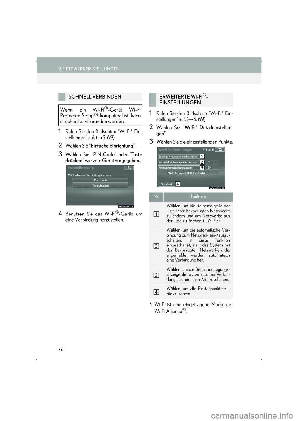 Lexus IS300h 2015 Navigationshandbuch (in German) 72
2. NETZWERKEINSTELLUNGEN
IS_Navi_EM
1Rufen Sie den Bildschirm “Wi-Fi* Ein-
stellungen” auf. (→S. 69)
2Wählen Sie “Einfache Einrichtung” .
3Wählen Sie “PIN-Code” oder “Taste
drüc Lexus IS300h 2015 Navigationshandbuch (in German) 72
2. NETZWERKEINSTELLUNGEN
IS_Navi_EM
1Rufen Sie den Bildschirm “Wi-Fi* Ein-
stellungen” auf. (→S. 69)
2Wählen Sie “Einfache Einrichtung” .
3Wählen Sie “PIN-Code” oder “Taste
drüc