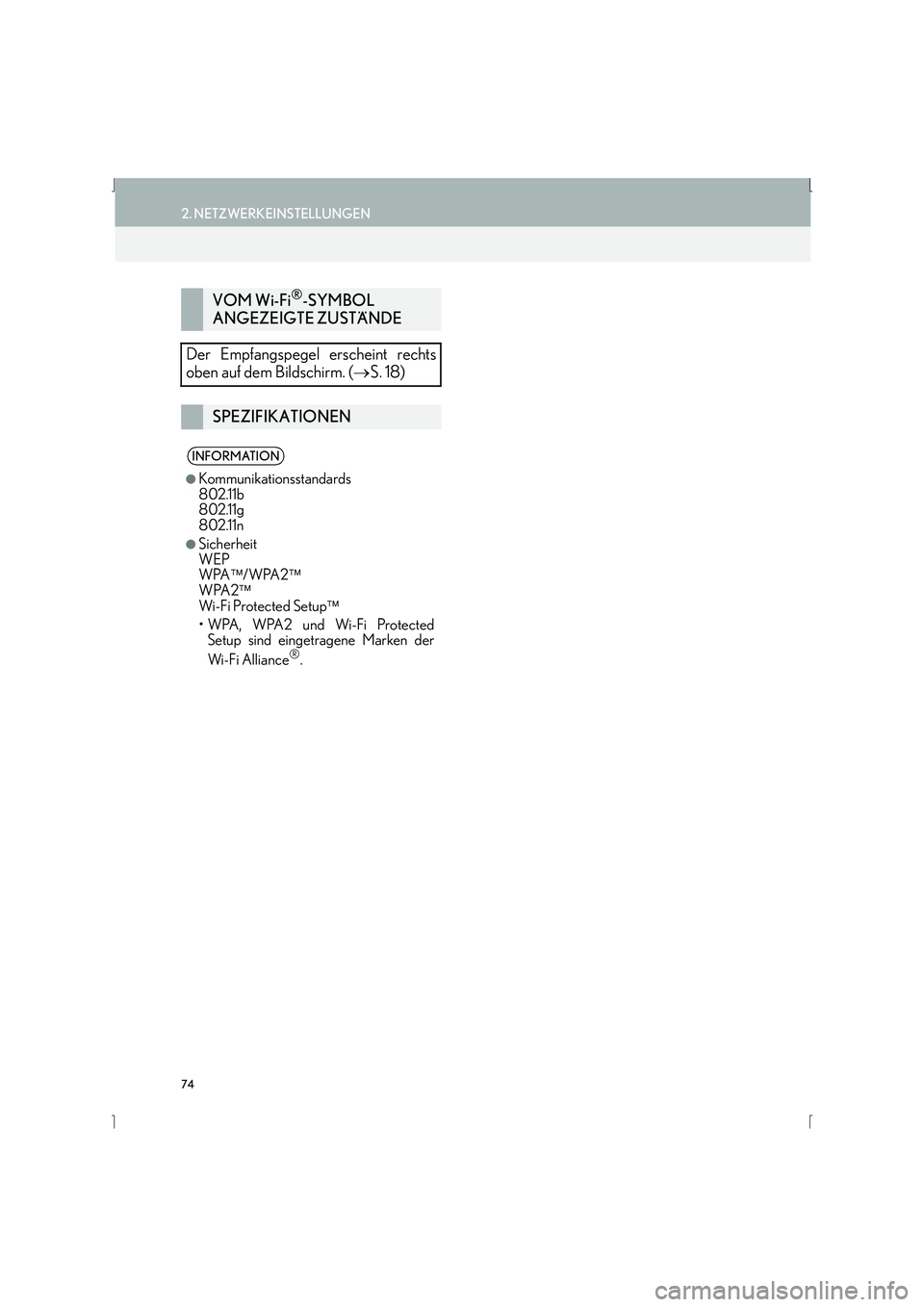 Lexus IS300h 2015 Navigationshandbuch (in German) 74
2. NETZWERKEINSTELLUNGEN
IS_Navi_EM
VOM Wi-Fi®-SYMBOL
ANGEZEIGTE ZUSTÄNDE
Der Empfangspegel erscheint rechts
oben auf dem Bildschirm. ( →S. 18)
SPEZIFIKATIONEN
INFORMATION
●
Kommunikationsst Lexus IS300h 2015 Navigationshandbuch (in German) 74
2. NETZWERKEINSTELLUNGEN
IS_Navi_EM
VOM Wi-Fi®-SYMBOL
ANGEZEIGTE ZUSTÄNDE
Der Empfangspegel erscheint rechts
oben auf dem Bildschirm. ( →S. 18)
SPEZIFIKATIONEN
INFORMATION
●
Kommunikationsst