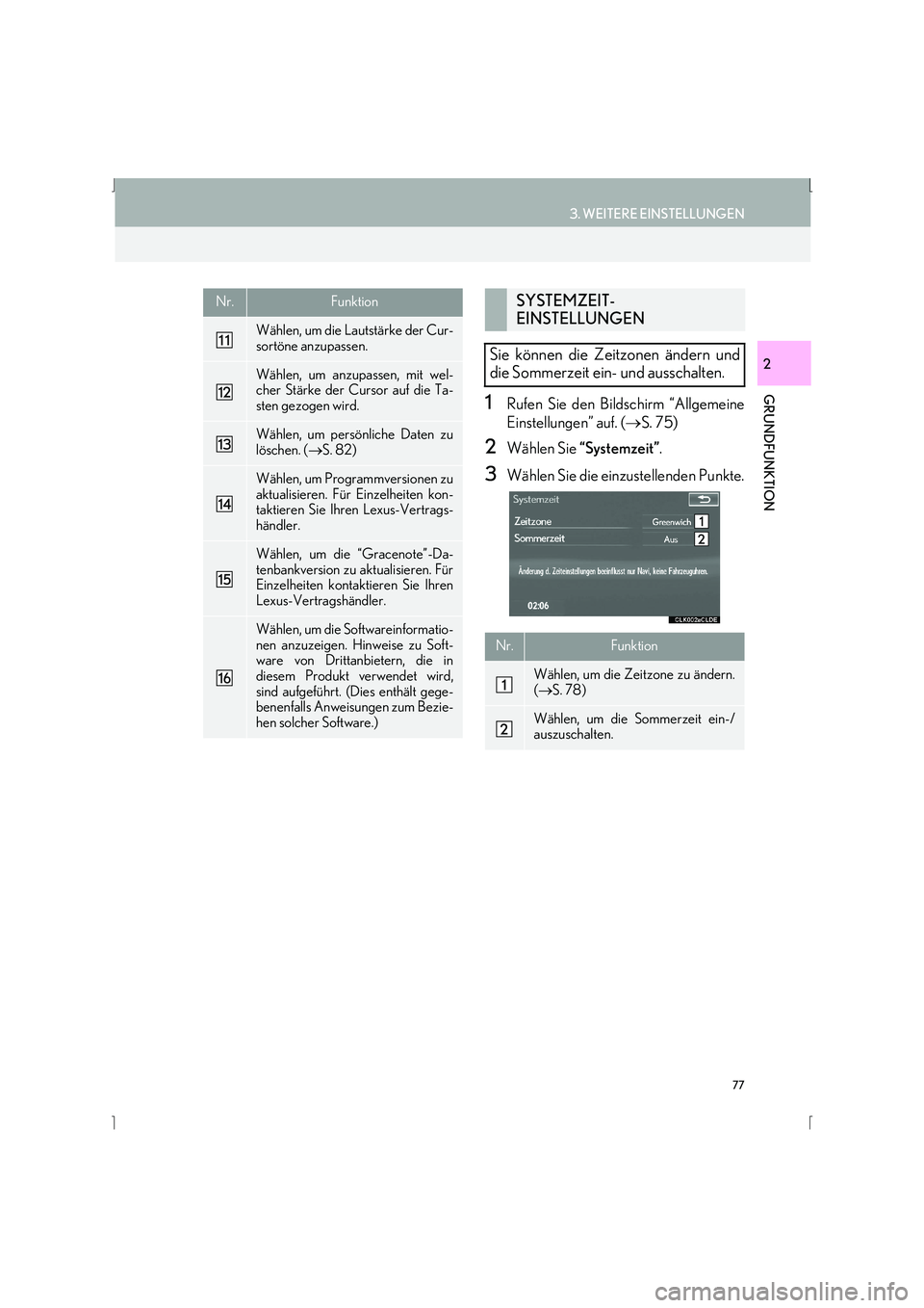 Lexus IS300h 2015 Navigationshandbuch (in German) 77
3. WEITERE EINSTELLUNGEN
IS_Navi_EM
GRUNDFUNKTION
2
1Rufen Sie den Bildschirm “Allgemeine
Einstellungen” auf. (→S. 75)
2Wählen Sie “Systemzeit” .
3Wählen Sie die einzustellenden Punkte Lexus IS300h 2015 Navigationshandbuch (in German) 77
3. WEITERE EINSTELLUNGEN
IS_Navi_EM
GRUNDFUNKTION
2
1Rufen Sie den Bildschirm “Allgemeine
Einstellungen” auf. (→S. 75)
2Wählen Sie “Systemzeit” .
3Wählen Sie die einzustellenden Punkte