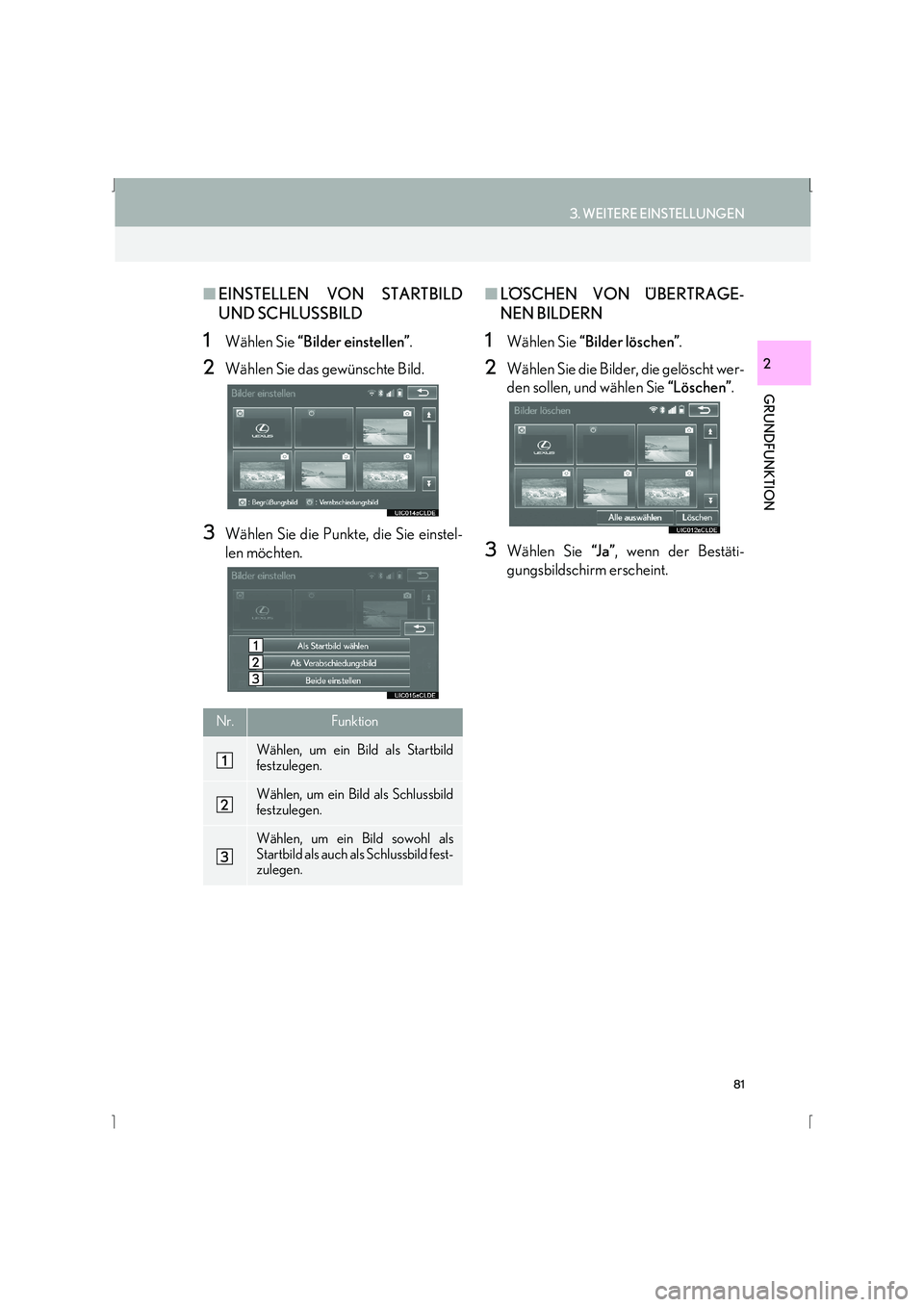 Lexus IS300h 2015 Navigationshandbuch (in German) 81
3. WEITERE EINSTELLUNGEN
IS_Navi_EM
GRUNDFUNKTION
2
■EINSTELLEN VON STARTBILD
UND SCHLUSSBILD
1Wählen Sie “Bilder einstellen” .
2Wählen Sie das gewünschte Bild.
3Wählen Sie die Punkte, d Lexus IS300h 2015 Navigationshandbuch (in German) 81
3. WEITERE EINSTELLUNGEN
IS_Navi_EM
GRUNDFUNKTION
2
■EINSTELLEN VON STARTBILD
UND SCHLUSSBILD
1Wählen Sie “Bilder einstellen” .
2Wählen Sie das gewünschte Bild.
3Wählen Sie die Punkte, d