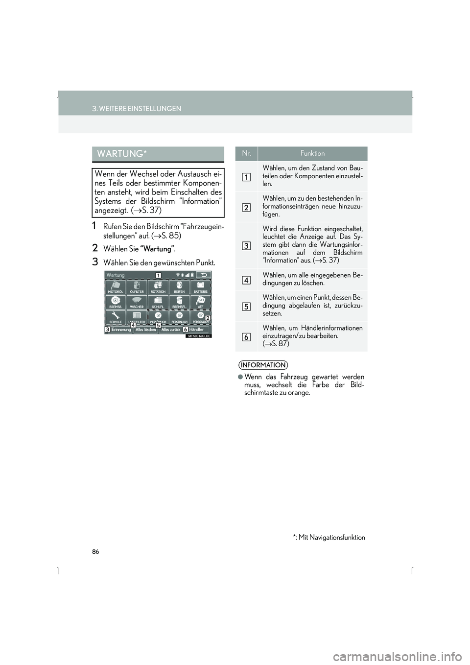 Lexus IS300h 2015 Navigationshandbuch (in German) 86
3. WEITERE EINSTELLUNGEN
IS_Navi_EM
1Rufen Sie den Bildschirm “Fahrzeugein-
stellungen” auf. (→S. 85)
2Wählen Sie “Wartung”.
3Wählen Sie den gewünschten Punkt.
WARTUNG*
Wenn der Wechs Lexus IS300h 2015 Navigationshandbuch (in German) 86
3. WEITERE EINSTELLUNGEN
IS_Navi_EM
1Rufen Sie den Bildschirm “Fahrzeugein-
stellungen” auf. (→S. 85)
2Wählen Sie “Wartung”.
3Wählen Sie den gewünschten Punkt.
WARTUNG*
Wenn der Wechs