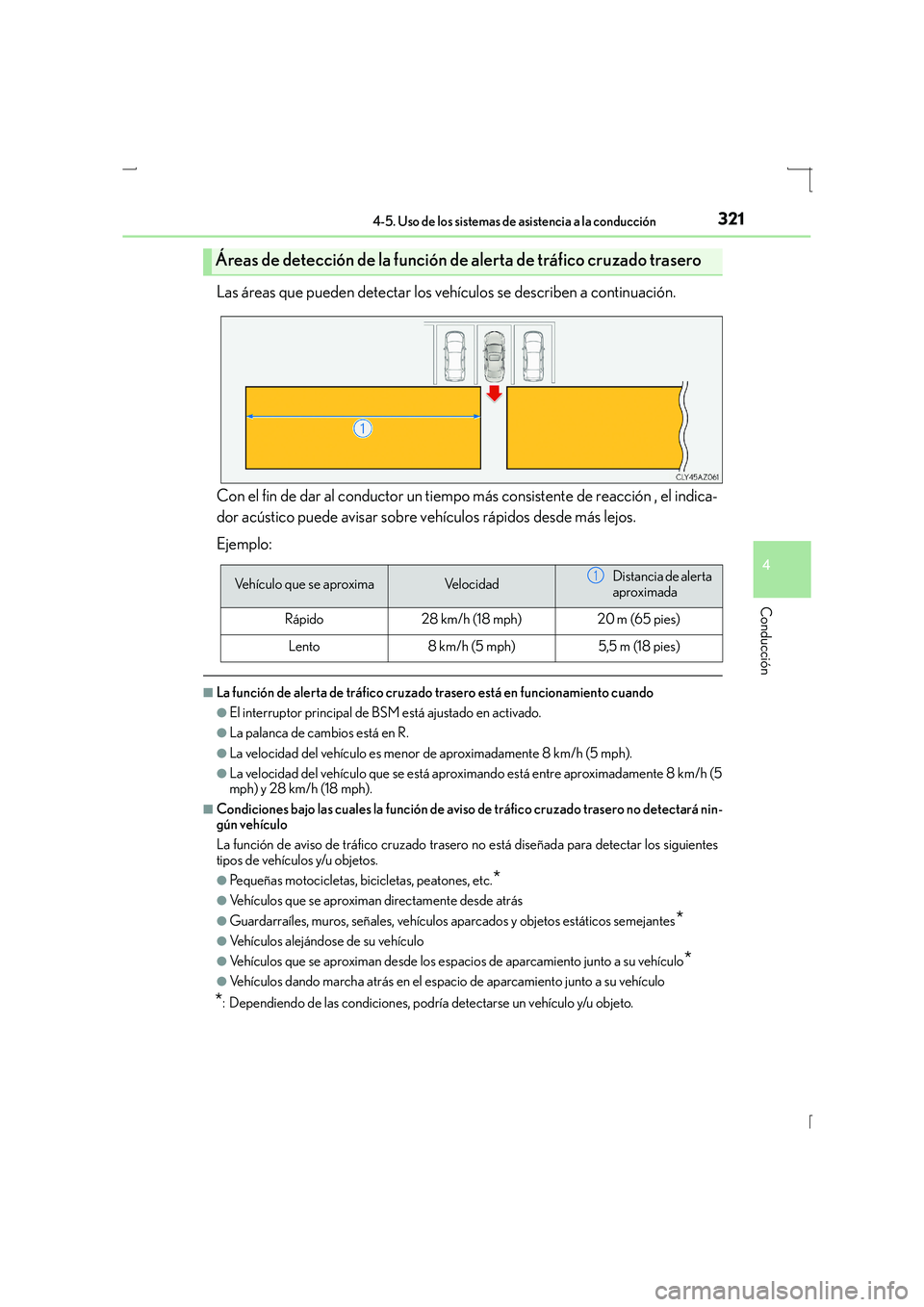 Lexus IS300h 2015  Manual del propietario (in Spanish) 3214-5. Uso de los sistemas de asistencia a la conducción
4
Conducción
IS300h_ES(OM53D59S)
Las áreas que pueden detectar los vehículos se describen a continuación.
Con el fin de dar al conductor 
