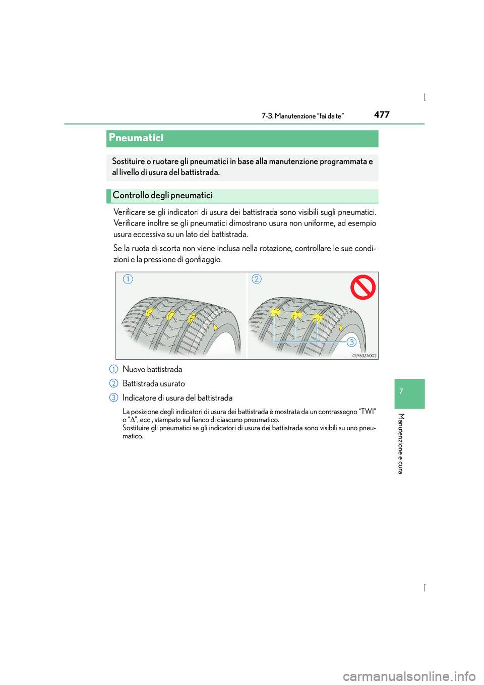 Lexus IS300h 2015 Manuale del proprietario (in Italian) 4777-3. Manutenzione “fai da te”
7
Manutenzione e cura
IS300h_EL(OM53D60L)
Verificare se gli indicatori di usura dei battistrada sono visibili sugli pneumatici.
Verificare inoltre se gli pneumatic Lexus IS300h 2015 Manuale del proprietario (in Italian) 4777-3. Manutenzione “fai da te”
7
Manutenzione e cura
IS300h_EL(OM53D60L)
Verificare se gli indicatori di usura dei battistrada sono visibili sugli pneumatici.
Verificare inoltre se gli pneumatic