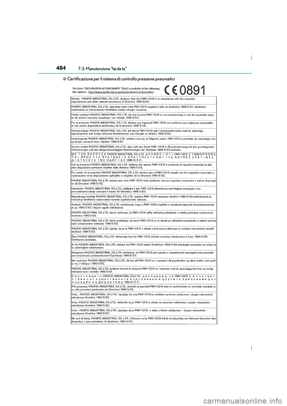 Lexus IS300h 2015 Manuale del proprietario (in Italian) 4847-3. Manutenzione “fai da te”
IS300h_EL(OM53D60L)
■Certificazione per il sistema di controllo pressione pneumatici Lexus IS300h 2015 Manuale del proprietario (in Italian) 4847-3. Manutenzione “fai da te”
IS300h_EL(OM53D60L)
■Certificazione per il sistema di controllo pressione pneumatici