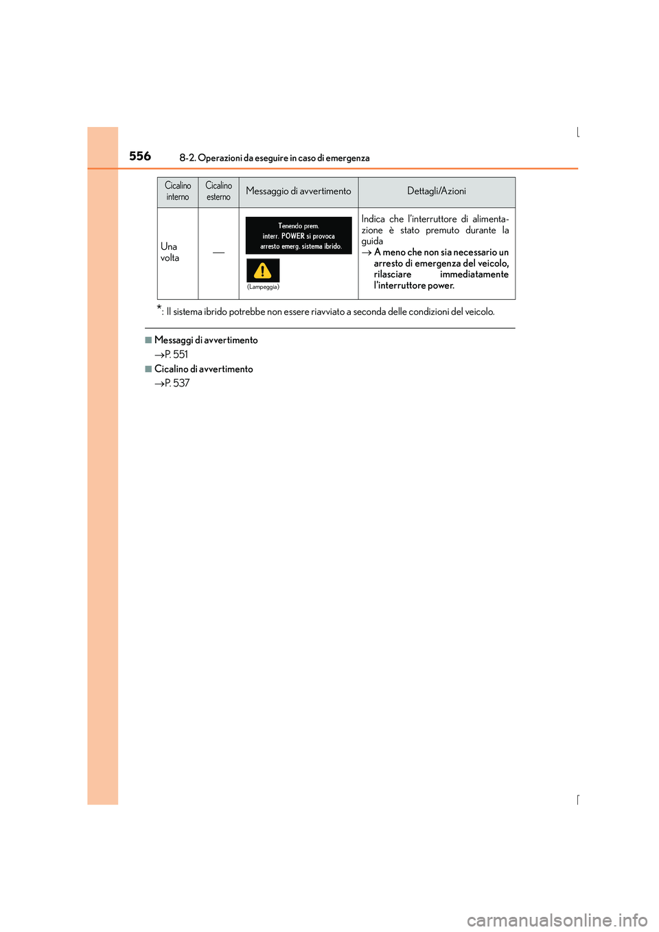 Lexus IS300h 2015 Manuale del proprietario (in Italian) 5568-2. Operazioni da eseguire in caso di emergenza
IS300h_EL(OM53D60L)
*: Il sistema ibrido potrebbe non essere riavviato a seconda delle condizioni del veicolo.
■Messaggi di avvertimento
→P. 5 Lexus IS300h 2015 Manuale del proprietario (in Italian) 5568-2. Operazioni da eseguire in caso di emergenza
IS300h_EL(OM53D60L)
*: Il sistema ibrido potrebbe non essere riavviato a seconda delle condizioni del veicolo.
■Messaggi di avvertimento
→P. 5