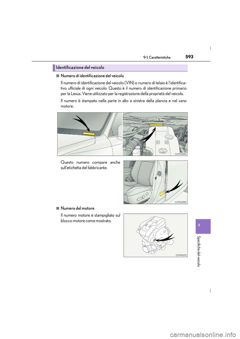 Lexus IS300h 2015 Manuale del proprietario (in Italian) 593
9
9-1. Caratteristiche
Specifiche del veicolo
IS300h_EL(OM53D60L) ■
Numero di identificazione del veicolo
Il numero di identificazione del veicolo (VIN) o numero di telaio è l’identifica-
tiv Lexus IS300h 2015 Manuale del proprietario (in Italian) 593
9
9-1. Caratteristiche
Specifiche del veicolo
IS300h_EL(OM53D60L) ■
Numero di identificazione del veicolo
Il numero di identificazione del veicolo (VIN) o numero di telaio è l’identifica-
tiv
