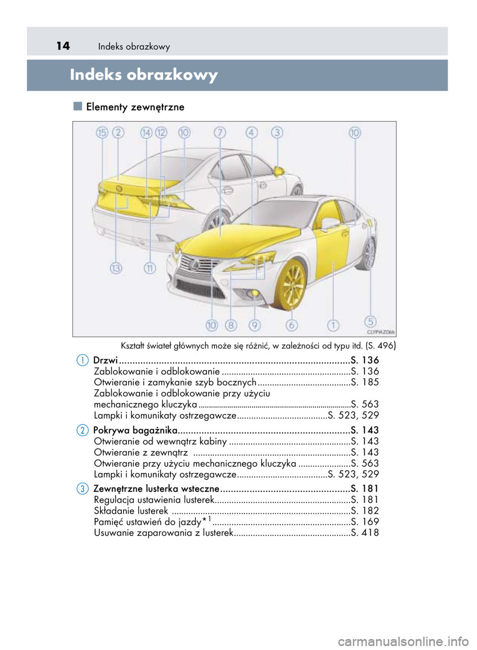 Lexus IS300h 2015 Instrukcja Obsługi (in Polish) Indeks obrazkowy14
Indeks obrazkowy
Elementy zewn´trzne
Kszta∏t Êwiate∏ g∏ównych mo˝e si´ ró˝niç, w zale˝noÊci od typu itd. (S. 496)
Drzwi ............................................. Lexus IS300h 2015 Instrukcja Obsługi (in Polish) Indeks obrazkowy14
Indeks obrazkowy
Elementy zewn´trzne
Kszta∏t Êwiate∏ g∏ównych mo˝e si´ ró˝niç, w zale˝noÊci od typu itd. (S. 496)
Drzwi .............................................