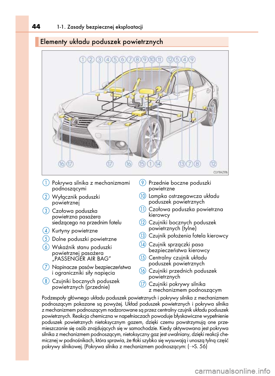 Lexus IS300h 2015  Instrukcja Obsługi (in Polish) Pokrywa silnika z mechanizmami
podnoszàcymi
Wy∏àcznik poduszki
powietrznej
Czo∏owa poduszka
powietrzna pasa˝era
siedzàcego na przednim fotelu
Kurtyny powietrzne
Dolne poduszki powietrzne
Wska