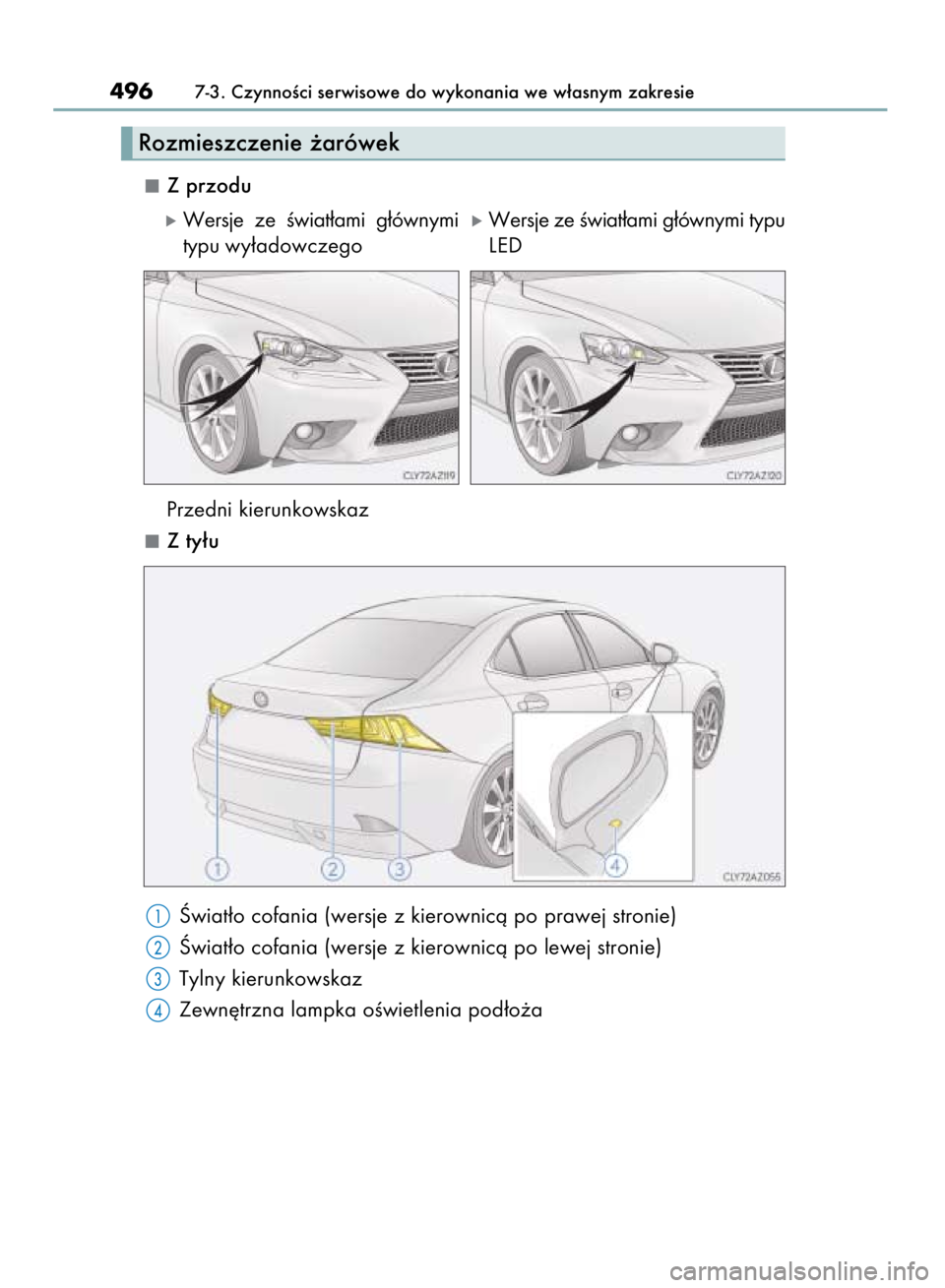 Lexus IS300h 2015  Instrukcja Obsługi (in Polish) Z przodu
Przedni kierunkowskaz
Z ty∏u
Âwiat∏o cofania (wersje z kierownicà po prawej stronie)
Âwiat∏o cofania (wersje z kierownicà po lewej stronie)
Tylny kierunkowskaz
Zewn´trzna lampka o