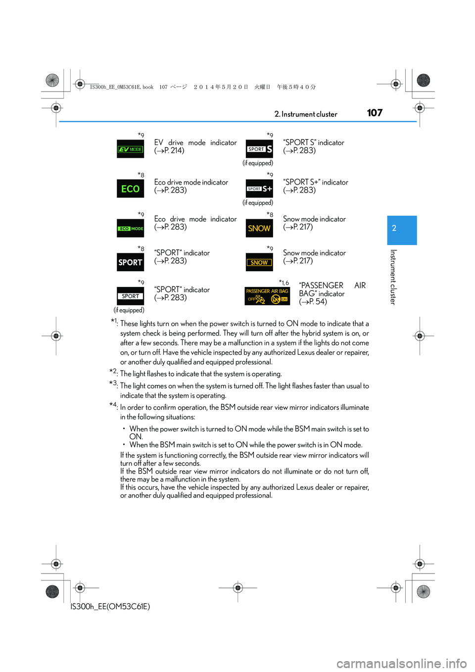 Lexus IS300h 2014  Owners Manual 1072. Instrument cluster
2
Instrument cluster
IS300h_EE(OM53C61E)
*1: These lights turn on when the power switch is turned to ON mode to indicate that a
system check is being performed. They will turn