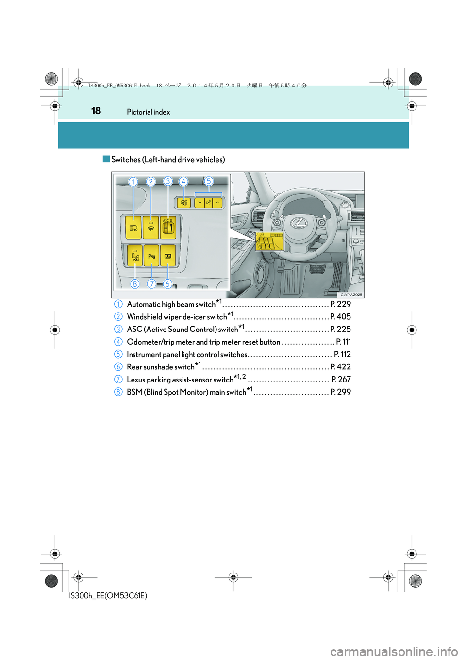 Lexus IS300h 2014  Owners Manual 18Pictorial index
IS300h_EE(OM53C61E)
■Switches (Left-hand drive vehicles)
Automatic high beam switch*1. . . . . . . . . . . . . . . . . . . . . . . . . . . . . . . . . . . . . . P. 229
Windshield w