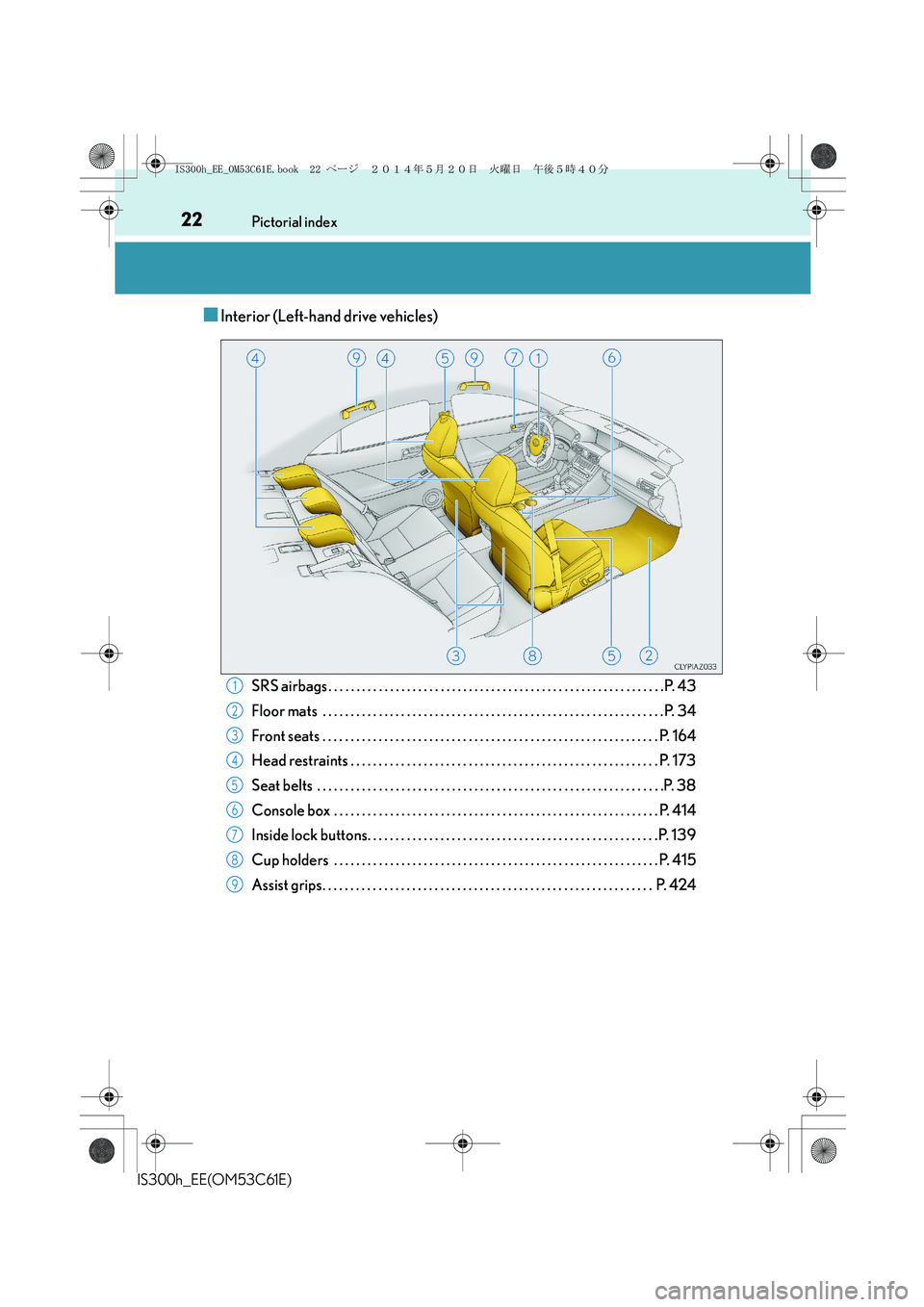 Lexus IS300h 2014  Owners Manual 22Pictorial index
IS300h_EE(OM53C61E)
■Interior (Left-hand drive vehicles)
SRS airbags . . . . . . . . . . . . . . . . . . . . . . . . . . . . . . . . . . . . . . . . . . . . . . . . . . . . . . . .