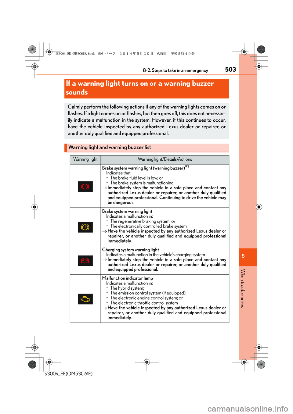 Lexus IS300h 2014  Owners Manual 5038-2. Steps to take in an emergency
8
When trouble arises
IS300h_EE(OM53C61E)
If a warning light turns on or a warning buzzer 
sounds
Calmly perform the following actions if any of the warning light