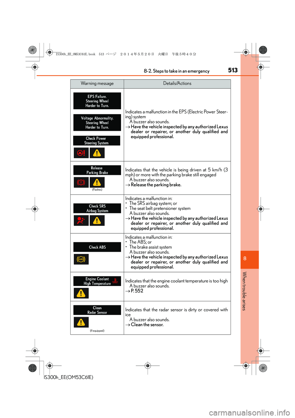 Lexus IS300h 2014 Owners Guide 5138-2. Steps to take in an emergency
8
When trouble arises
IS300h_EE(OM53C61E)
Indicates a malfunction in the EPS (Electric Power Steer-
ing) system
A buzzer also sounds.
→Have the vehicle inspecte Lexus IS300h 2014 Owners Guide 5138-2. Steps to take in an emergency
8
When trouble arises
IS300h_EE(OM53C61E)
Indicates a malfunction in the EPS (Electric Power Steer-
ing) system
A buzzer also sounds.
→Have the vehicle inspecte
