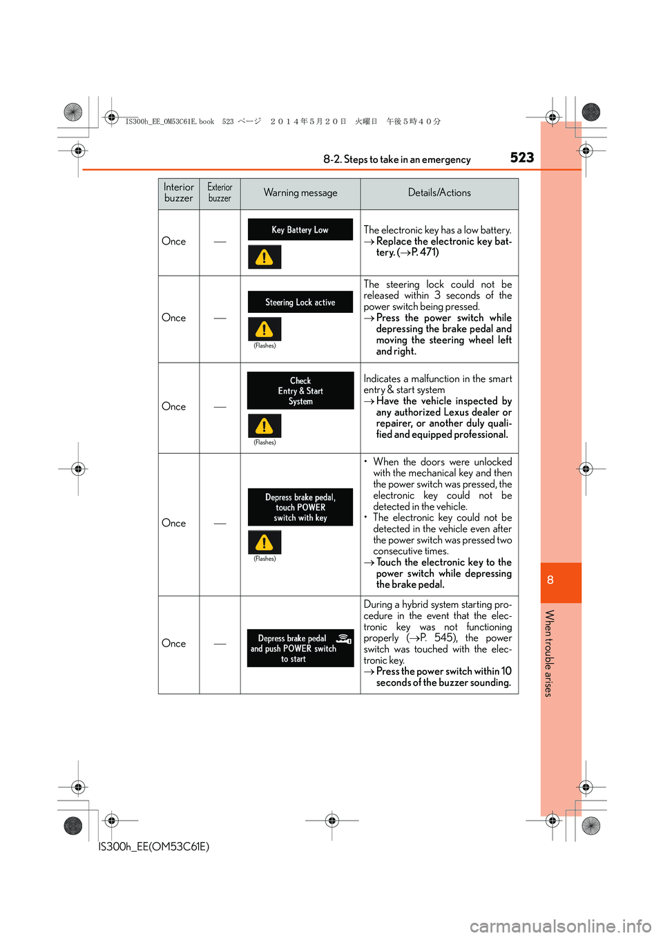 Lexus IS300h 2014 Owners Manual 5238-2. Steps to take in an emergency
8
When trouble arises
IS300h_EE(OM53C61E)
Once
The electronic key has a low battery.
→Replace the electronic key bat-
tery. (→P. 4 7 1 )
Once
The steer Lexus IS300h 2014 Owners Manual 5238-2. Steps to take in an emergency
8
When trouble arises
IS300h_EE(OM53C61E)
Once
The electronic key has a low battery.
→Replace the electronic key bat-
tery. (→P. 4 7 1 )
Once
The steer