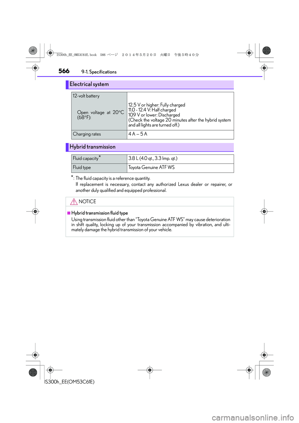 Lexus IS300h 2014  Owners Manual 5669-1. Specifications
IS300h_EE(OM53C61E)
*: The fluid capacity is a reference quantity.
If replacement is necessary, contact any authorized Lexus dealer or repairer, or
another duly qualified and eq