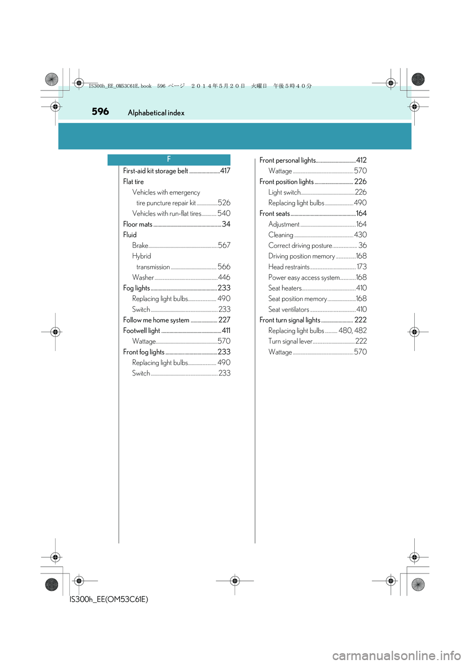 Lexus IS300h 2014  Owners Manual 596Alphabetical index
IS300h_EE(OM53C61E)
First-aid kit storage belt .......................417
Flat tire
Vehicles with emergency 
tire puncture repair kit .................526
Vehicles with run-flat 