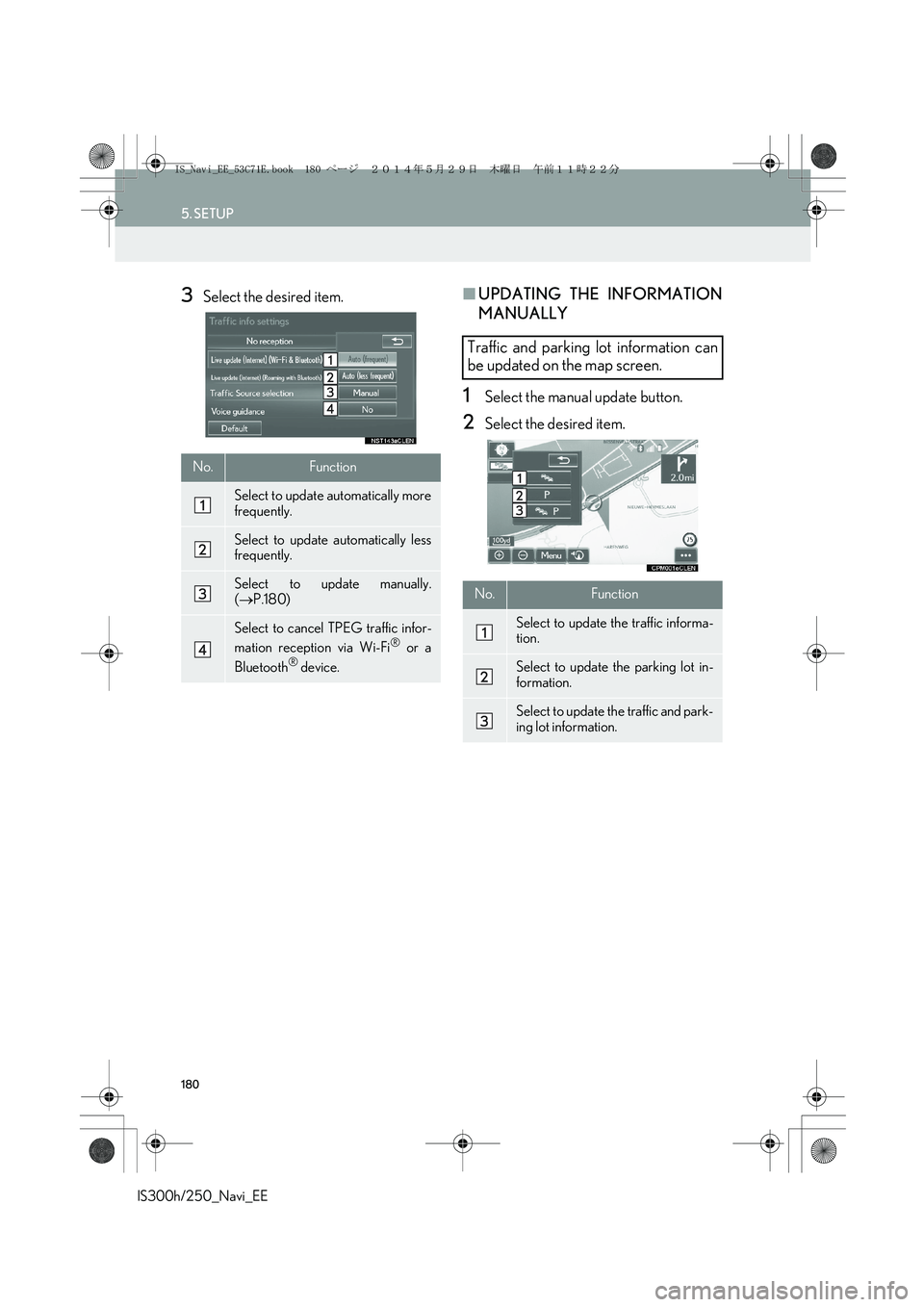 Lexus IS300h 2014 Navigation manual 180
5. SETUP
IS300h/250_Navi_EE
3Select the desired item.■UPDATING THE INFORMATION
MANUALLY
1Select the manual update button.
2Select the desired item.
No.Function
Select to update automatically mor Lexus IS300h 2014 Navigation manual 180
5. SETUP
IS300h/250_Navi_EE
3Select the desired item.■UPDATING THE INFORMATION
MANUALLY
1Select the manual update button.
2Select the desired item.
No.Function
Select to update automatically mor