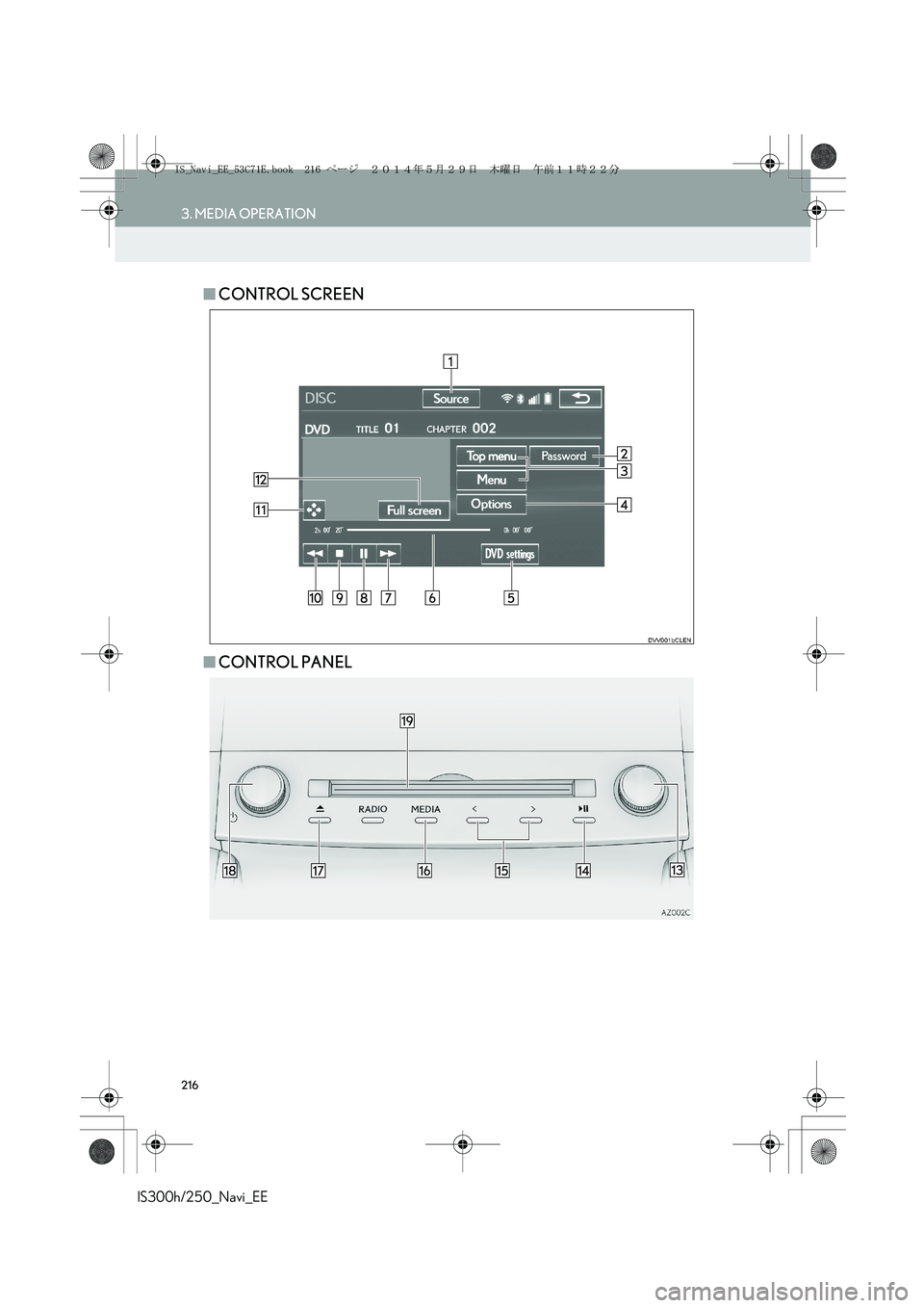 Lexus IS300h 2014  Navigation manual 216
3. MEDIA OPERATION
IS300h/250_Navi_EE
■CONTROL SCREEN
■CONTROL PANEL
IS_Navi_EE_53C71E.book  216 ページ  ２０１４年５月２９日　木曜日　午前１１時２２分 