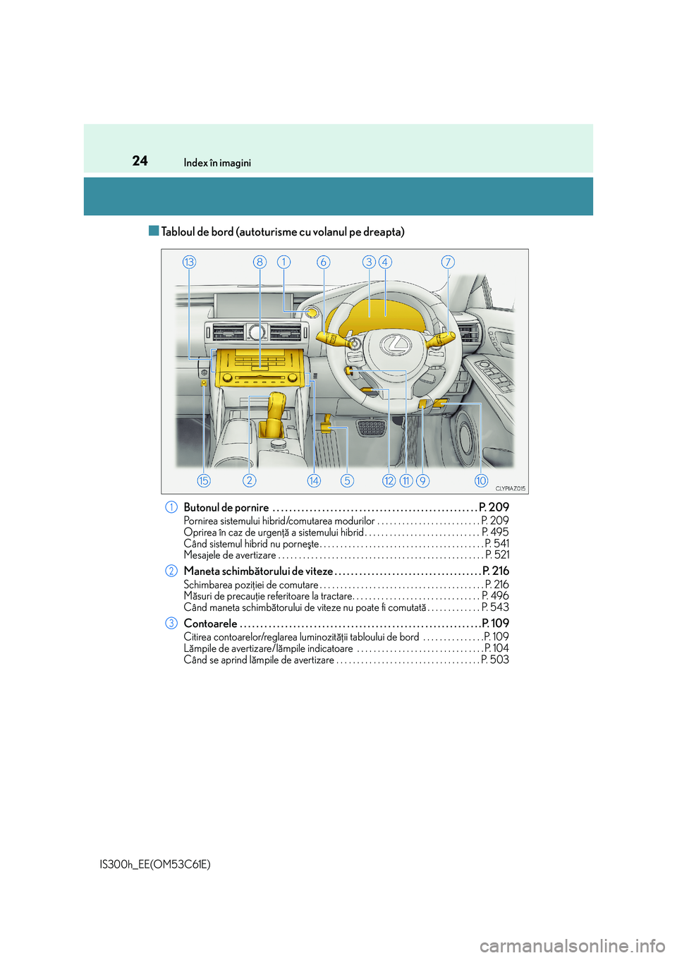 Lexus IS300h 2014  Manualul de utilizare (in Romanian) 24Index în imagini
IS300h_EE(OM53C61E)
■Tabloul de bord (autoturisme cu volanul pe dreapta)
Butonul de pornire  . . . . . . . . . . . . . . . . . . . . . . . . . . . . . . . . . . . . . . . . . . .