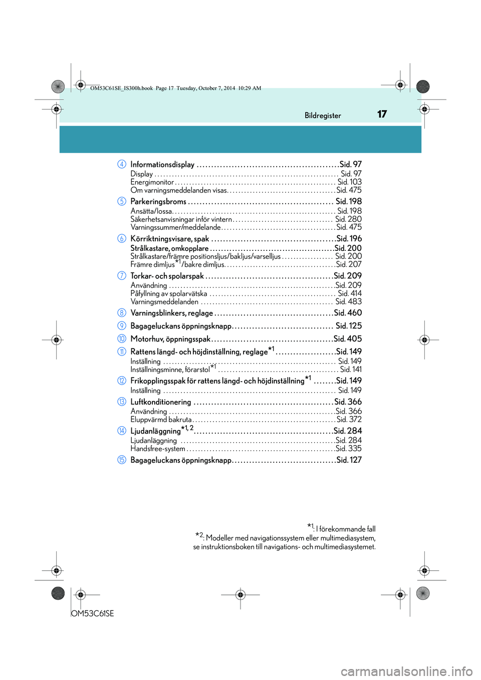 Lexus IS300h 2014  Ägarmanual (in Swedish) 17Bildregister
OM53C61SE
Informationsdisplay  . . . . . . . . . . . . . . . . . . . . . . . . . . . . . . . . . . . . . . . . . . . . . . . . . Sid. 97
Display  . . . . . . . . . . . . . . . . . . . .